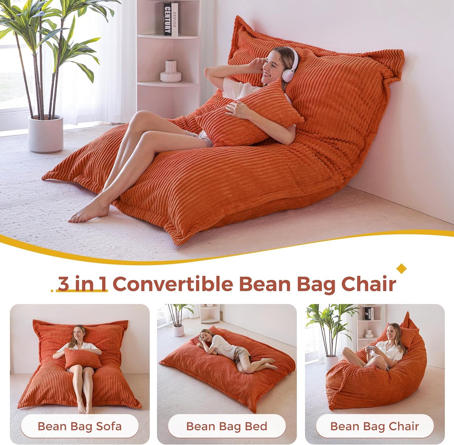 MAXYOYO Giant Bean Bag Chair with Pillow, 3 in 1 Convertible Bean Bag Chair for Adults with Washable Cover, Removable Floor Cushion Stuffed Floor Lounger for Living Room Bedroom, Orange, Full