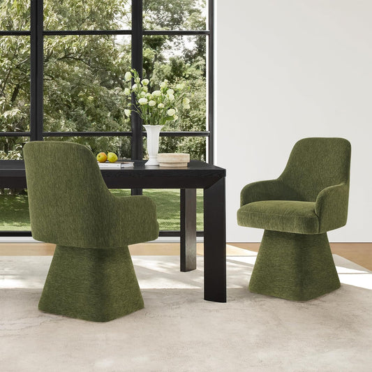 Swivel Dining Chairs Set of 2, Mid Century Modern Chairs Fabric Upholstered Armchair with Armrest & Ergonomic Backrest for Dining Room, Kitchen, Bedroom, Living Room, Green, 2 Boxs