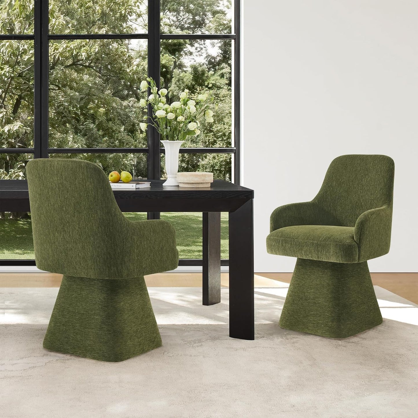 Swivel Dining Chair Set of 1, Mid Century Modern Chair Fabric Upholstered Armchair with Armrest & Ergonomic Backrest for Dining Room, Kitchen, Bedroom, Living Room, Green