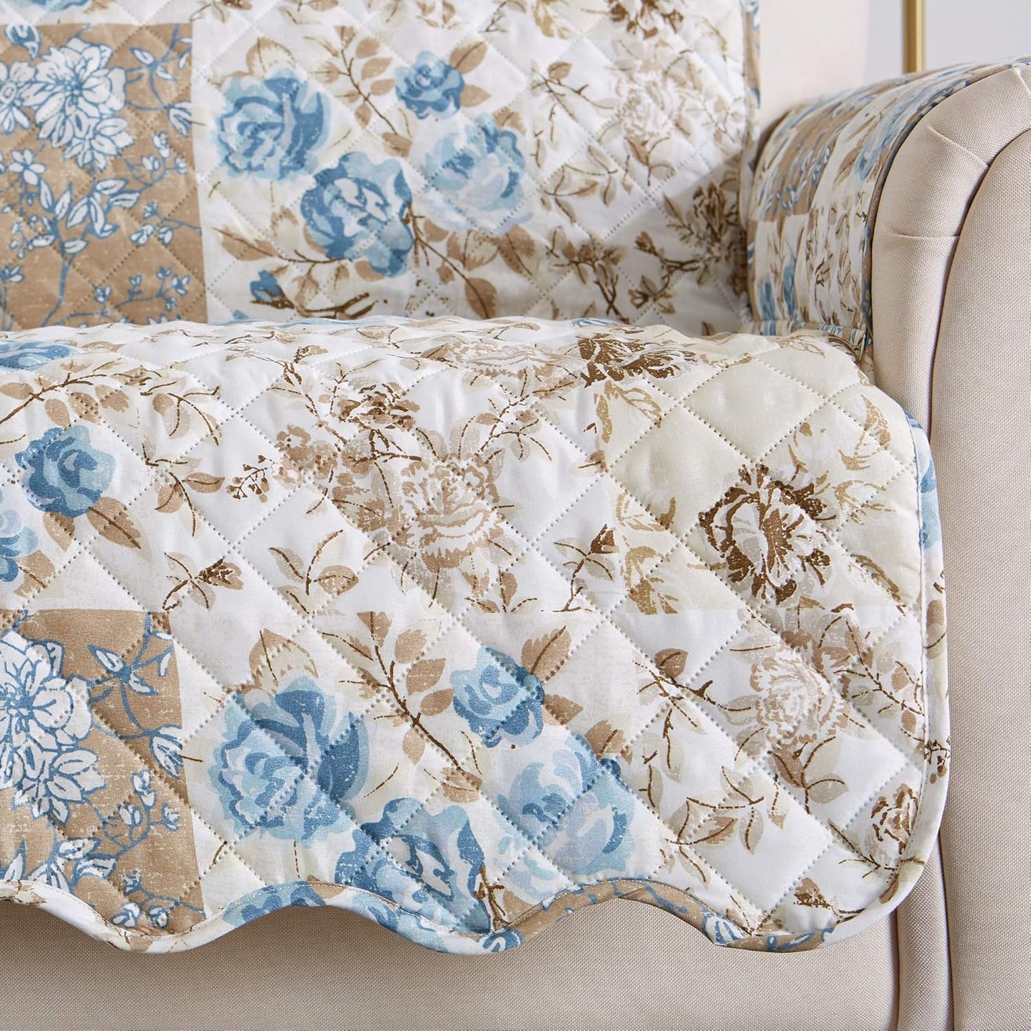 Great Bay Home Reversible Floral Patchwork Furniture Protector Scalloped Edge Stain Resistant Printed Furniture Protector Maribel Collection (Loveseat, Taupe/Blue)