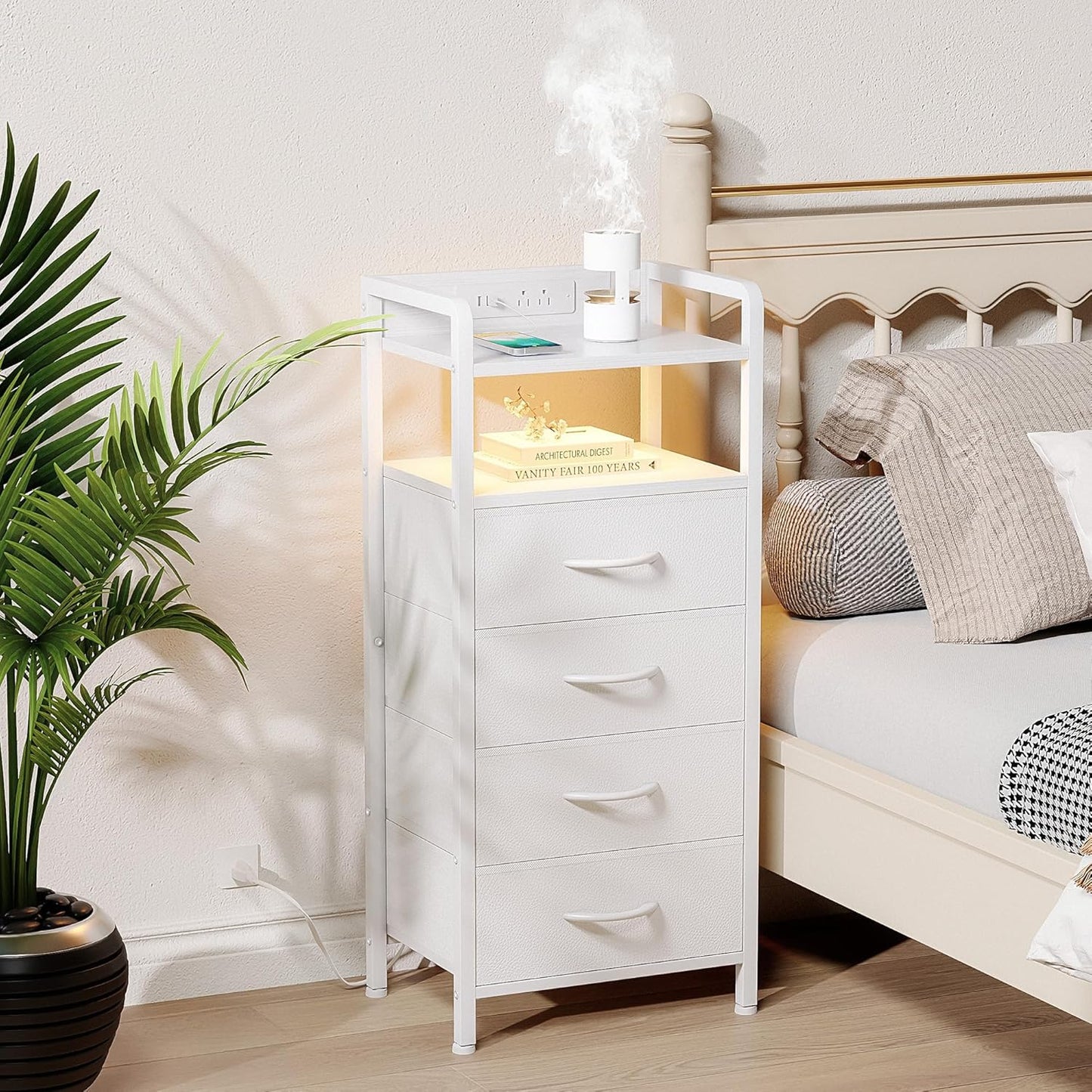 Night Stand Bedside Charger Bedroom - Nightstand with Charging Station, 2 U-S-B Ports & 2 AC Outlets, Tall Bed Side Table with LED Light Strip, Storage Shelf & 4 Fabric Drawers, White