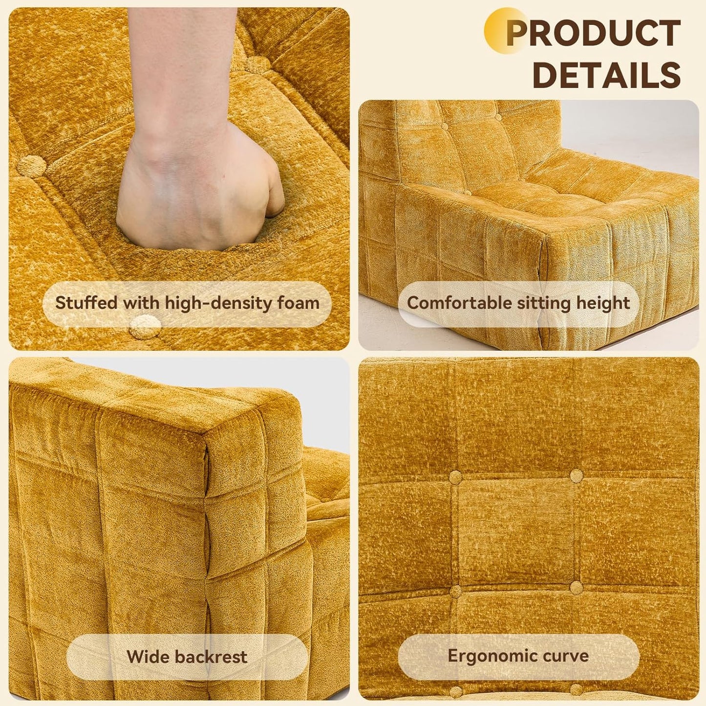 Bean Bag Chair, Soft Chenille Pre-Filled Lazy Chair Floor Sofa Bean Bag Chair for Adults and Teens, Accent Chair for Living Room Bedroom Apartment (Yellow)