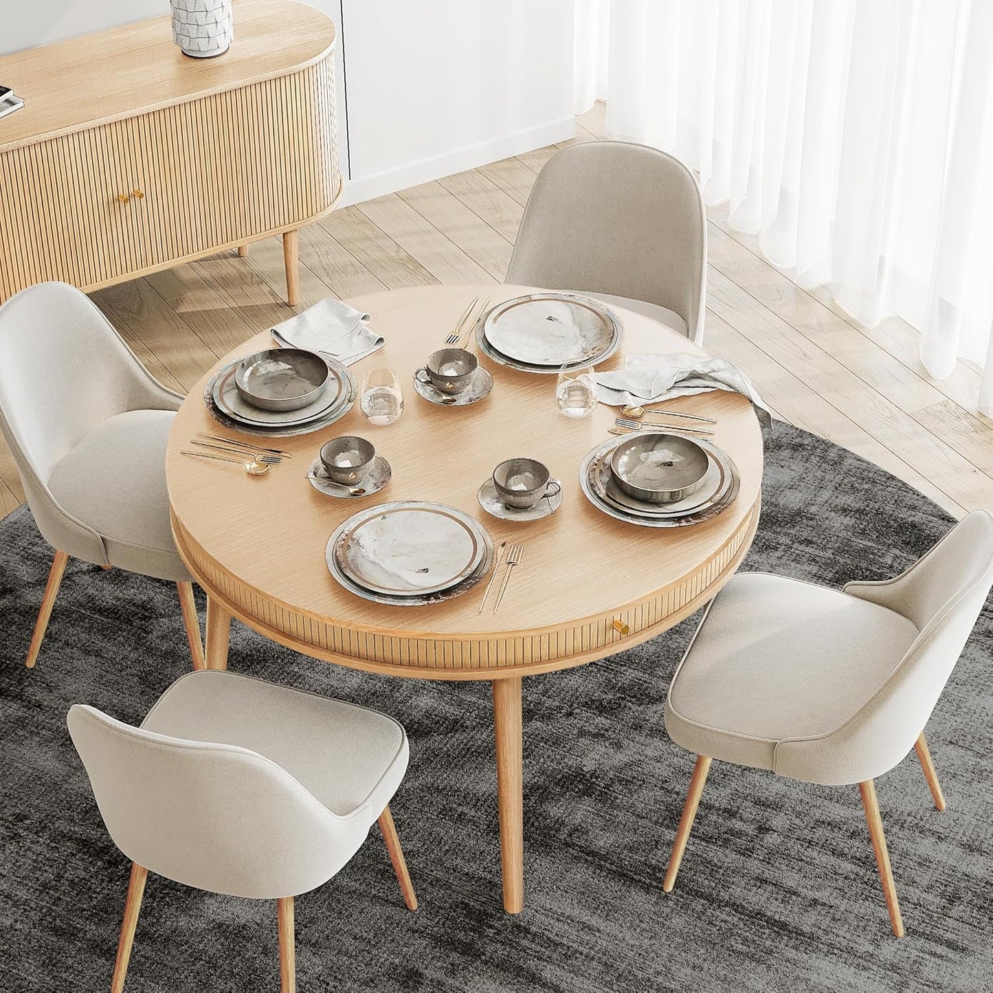 WERMO 47'' Round Dining Table for 4 People - Pre Assembled Round Kitchen Table with 2 Hidden Storages (Oak)