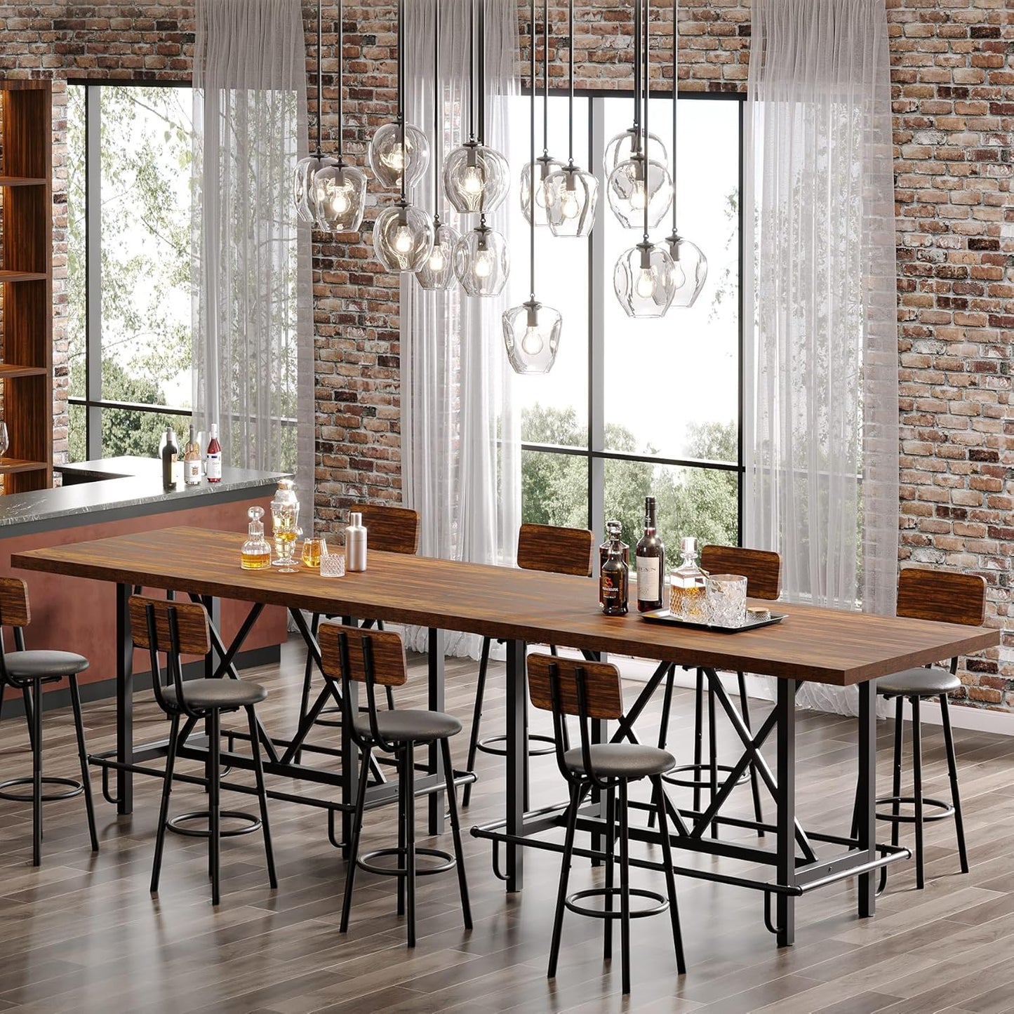 Tribesigns Bar Table, Industrial Counter Height Pub Table with Metal Footrest, 63-Inch Rectangle Wood Kitchen Dining Table with Sturdy Metal Frame for Dining Room, Home Bar (Brown)