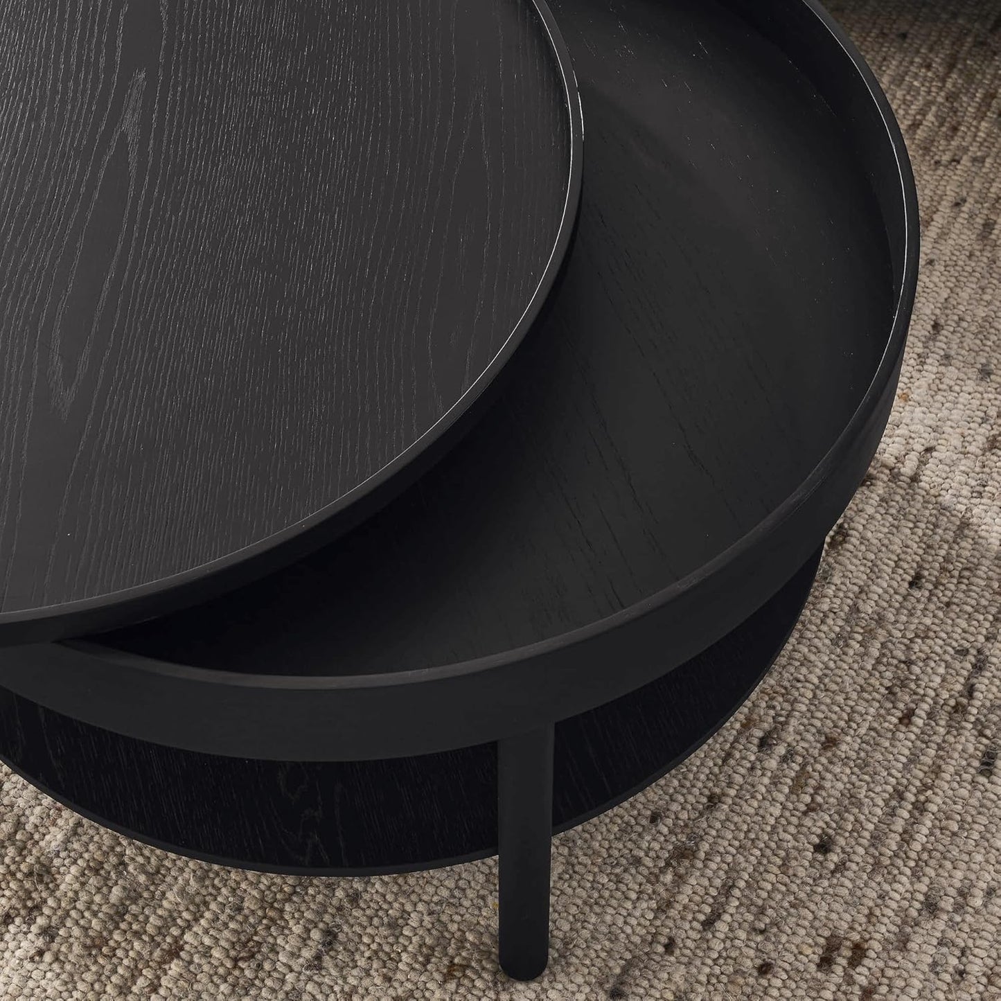 Circular Coffee Table, Living Room Table with 3-Layer 31.5 Inch Storage Rotating Tabletop, 3-Layer Tea Table Made Entirely of Rubber Wood and MDF Board (Black, 31.5"x31.5"x17.75)