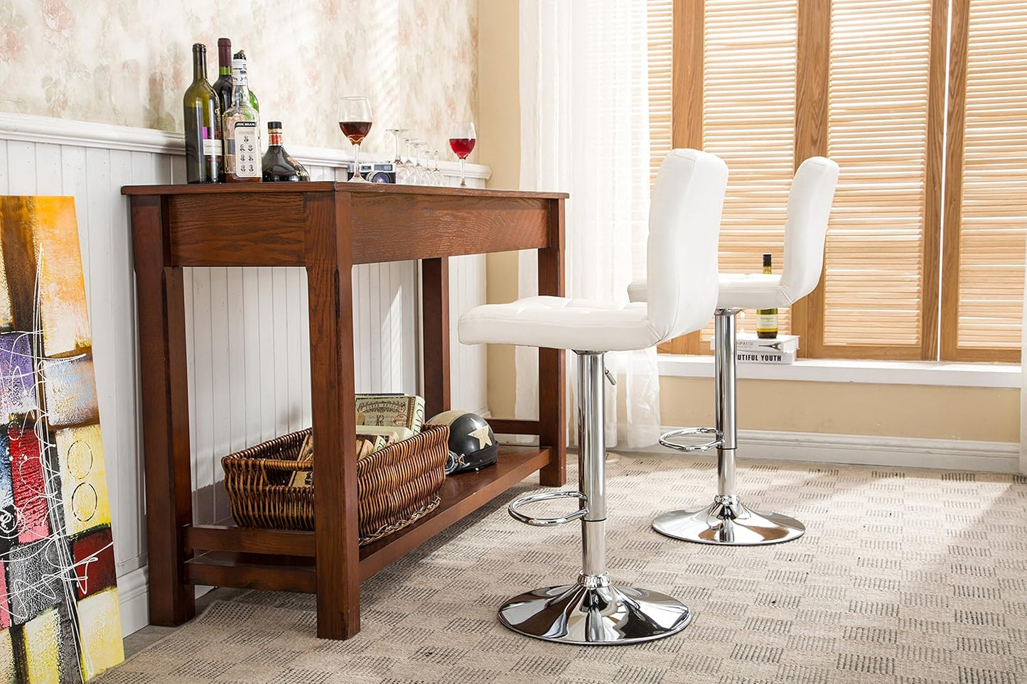 Roundhill Swivel PU Leather Adjustable Hydraulic Bar Stool, White, Set of 2
