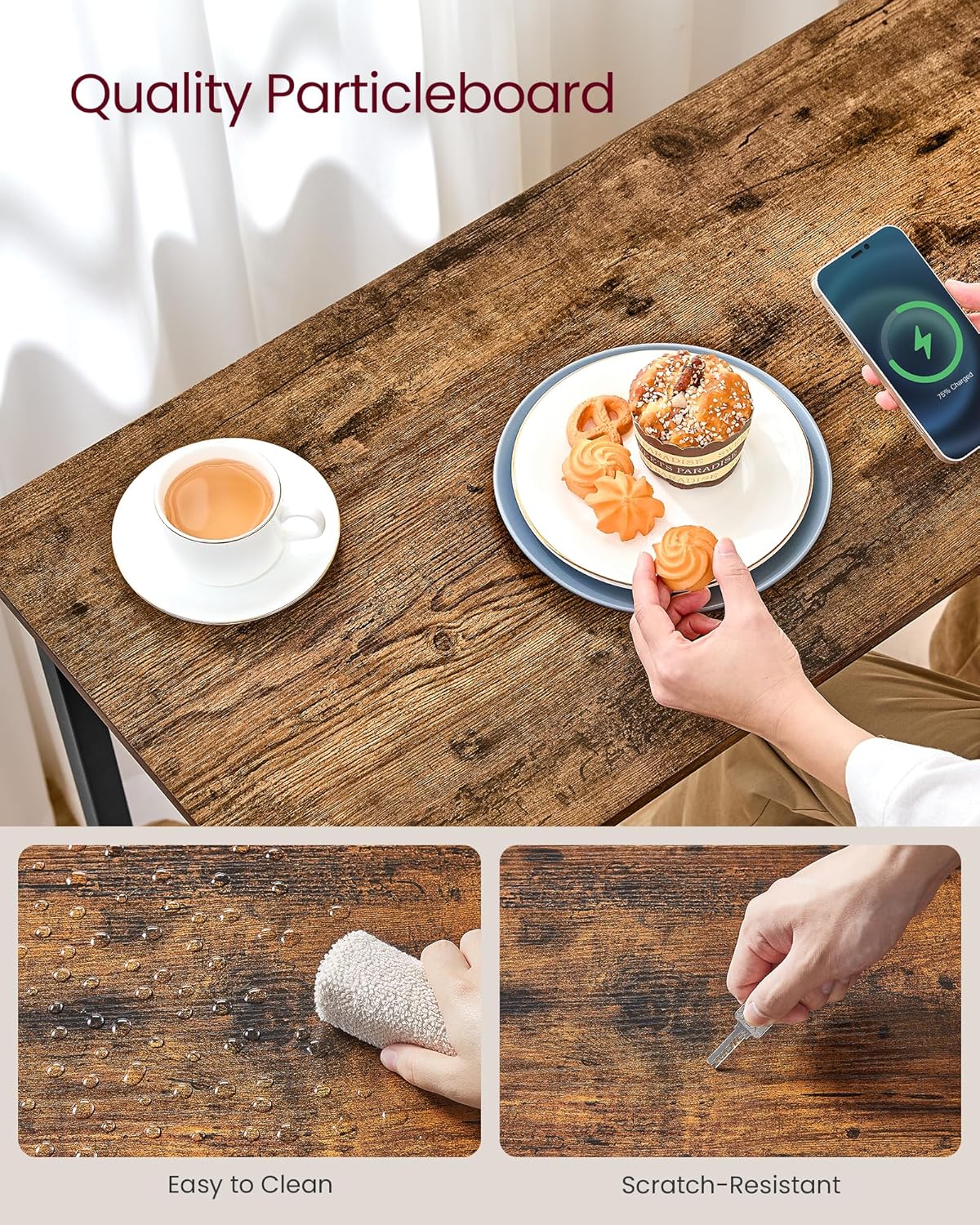 VASAGLE Bar Table, Narrow Long Kitchen Dining Table with Charging Station, Sturdy Metal Frame, Industrial, 15.7 x 47.2 x 35.4 Inches, Rustic Brown and Ink Black ULBT121K01