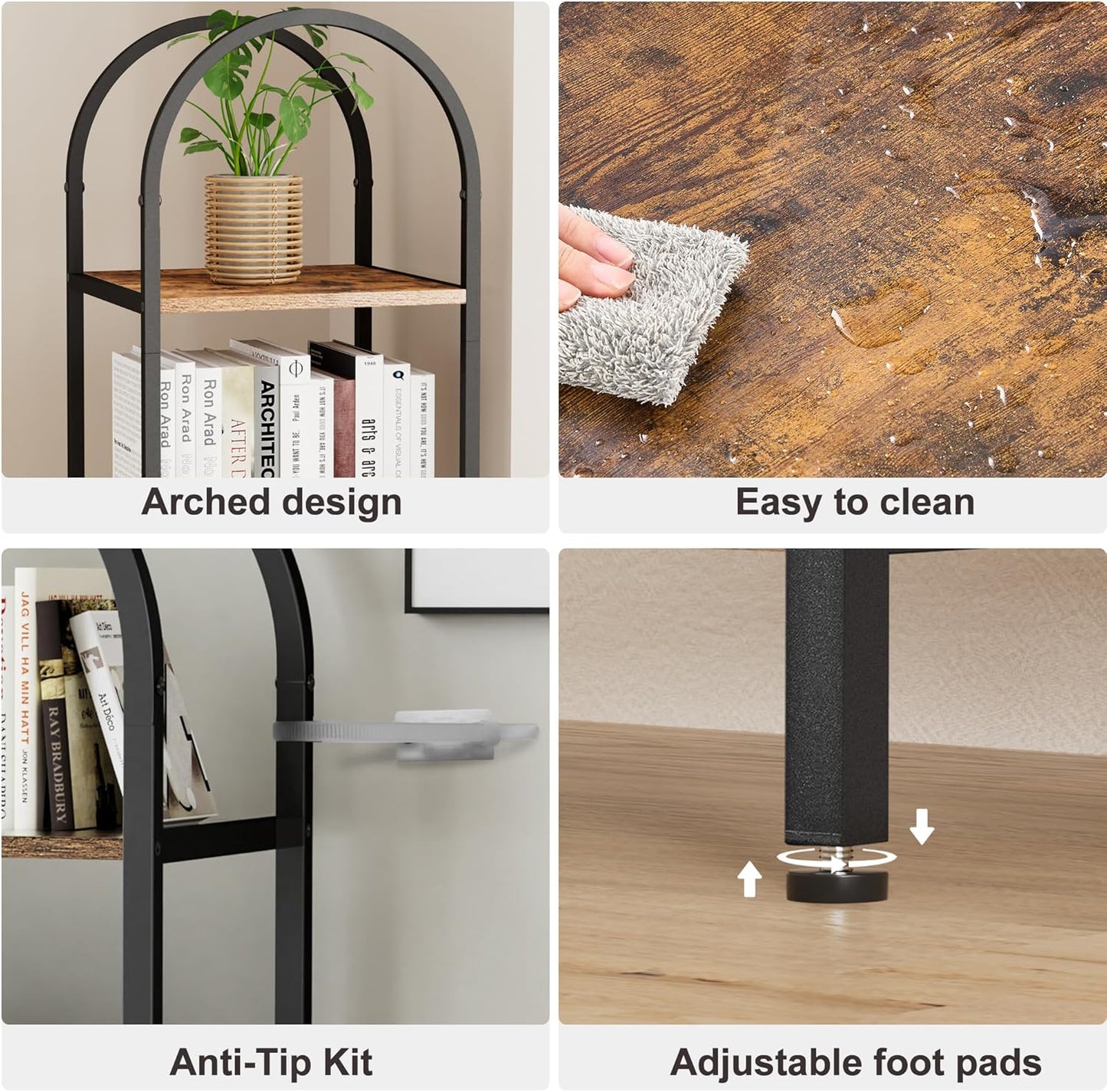 Homhedy 6-Tier Narrow Bookshelf Arched Display Racks, Wood and Metal Bookcase, Tall Bookshelf, Industrial Display Standing Shelf Unit, for Home Office, Living Room, Bedroom, Bathroom