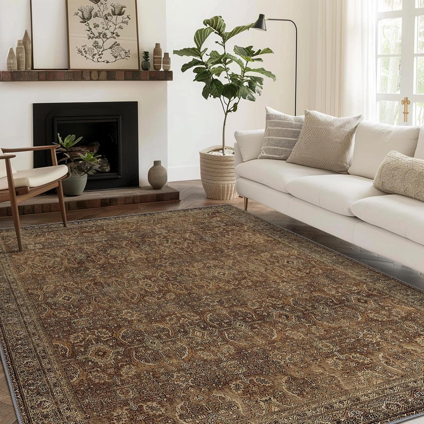 10X14 Area Rugs Machine Washable Rugs for Living Room, Vintage Boho Large Rugs for Bedroom Dining Room, Non Slip Indoor Soft Distressed Lightweight Thin Low Pile Carpet, Rustic Brown