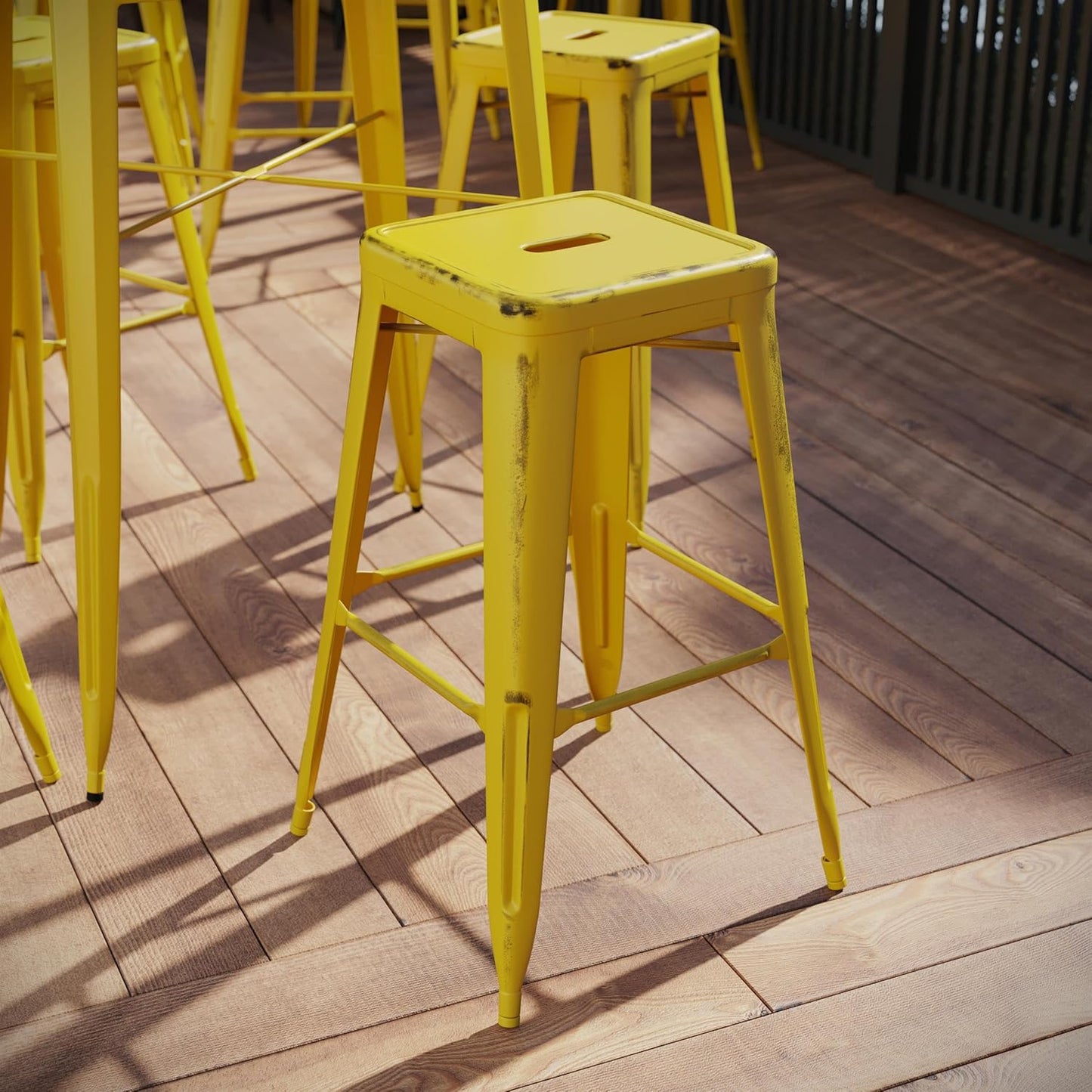 Flash Furniture Kai Commercial Grade 30" High Backless Distressed Yellow Metal Indoor-Outdoor Barstool