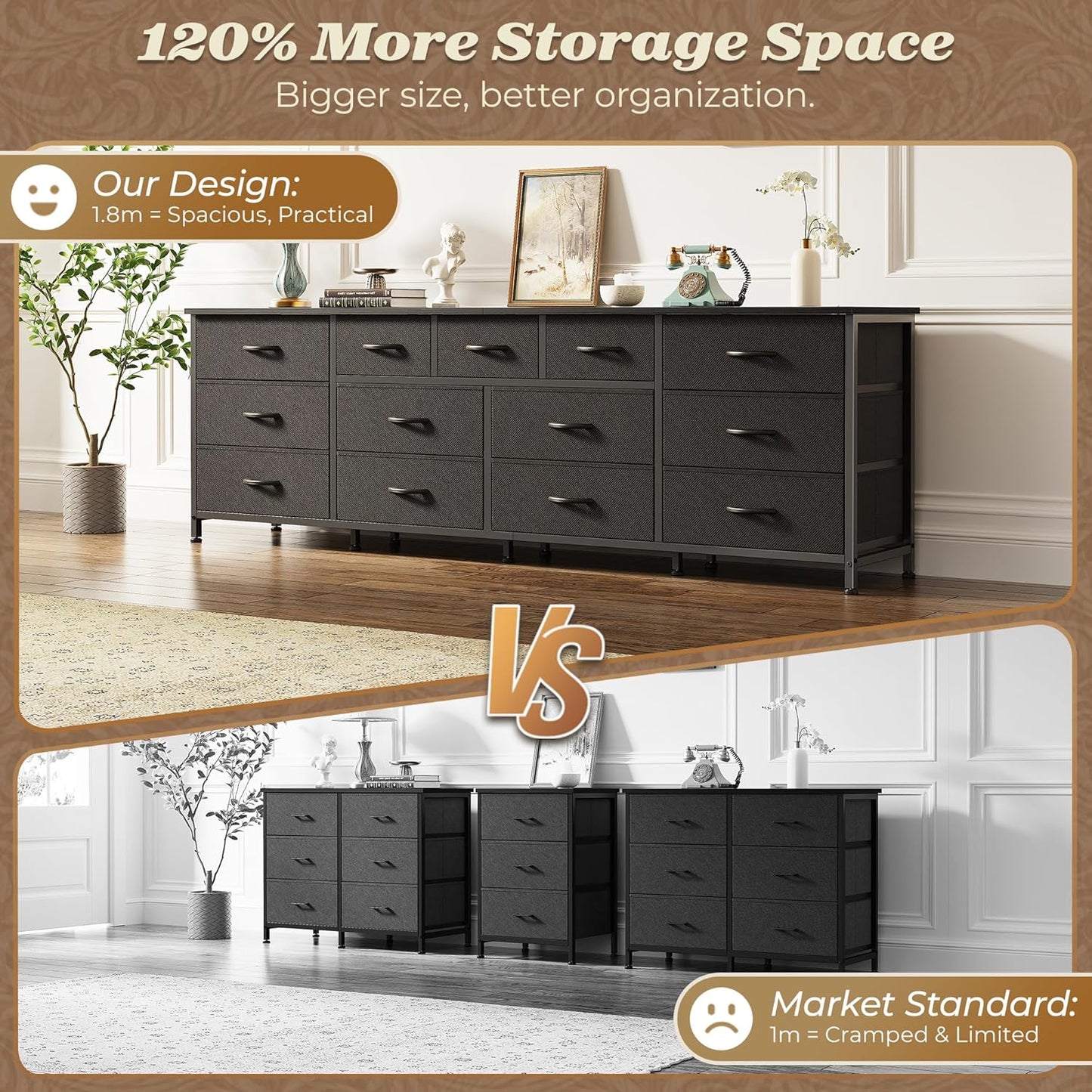 Huuger 70 Inch Black Dresser for Bedroom, TV Stand for 65, 75, 80 Inch TV, 13 Fabric Drawer Long Dresser, Wide Chest of Drawer, Storage Units for Bedroom