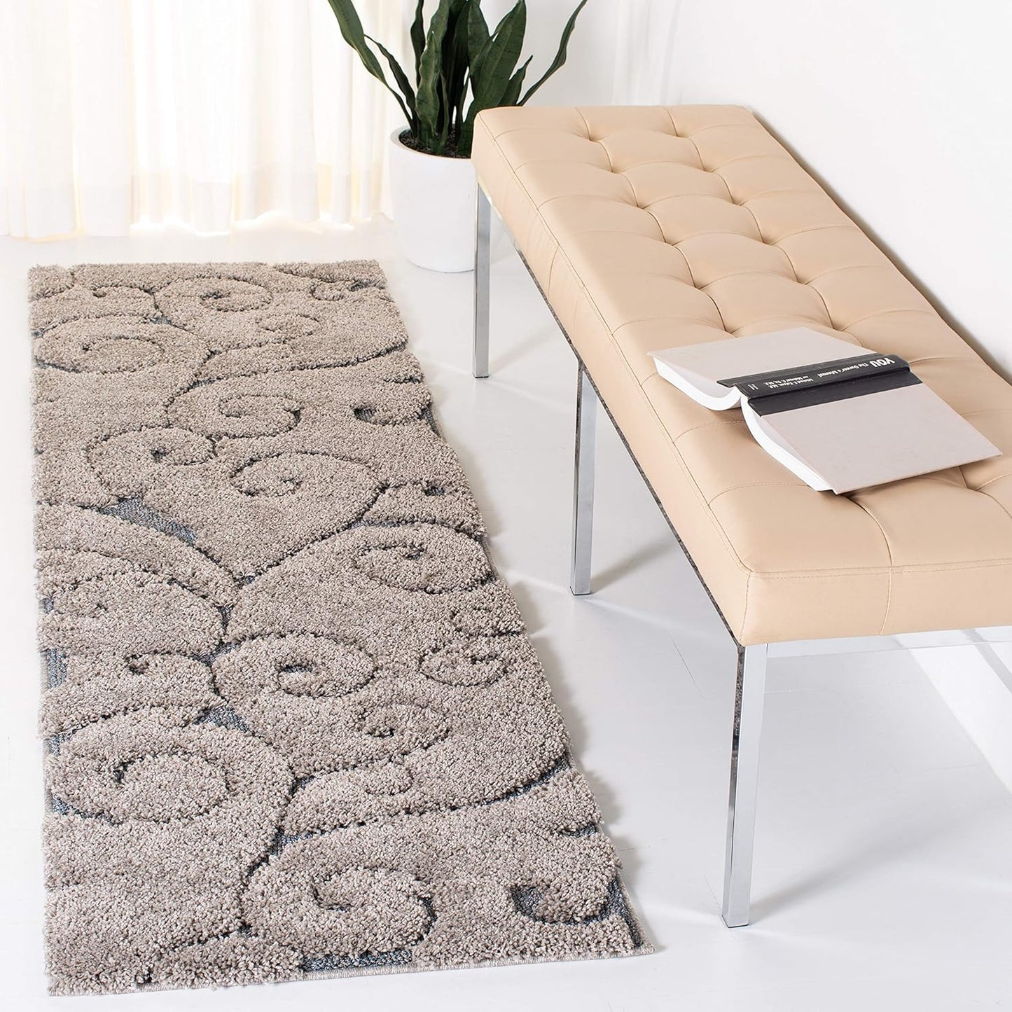 SAFAVIEH Florida Shag Collection Runner Rug - 2'3" x 15', Grey & Light Blue, Scroll Design, Non-Shedding & Easy Care, 1.2-inch Thick Ideal for High Traffic Areas in Living Room, Bedroom (SG455-1160)