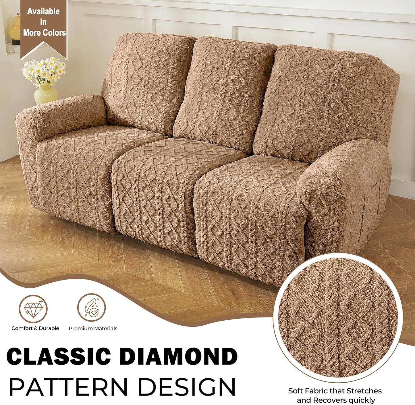 vctops 8 Pieces Geometric Jacquard Plush Recliner Sofa Covers Soft Fuzzy Fluffy 3 Seats Couch Cover Anti-Slip Sofa Slipcover Furniture Protector with Elastic Bottom for Kids Pet(Brown,3 Seat)