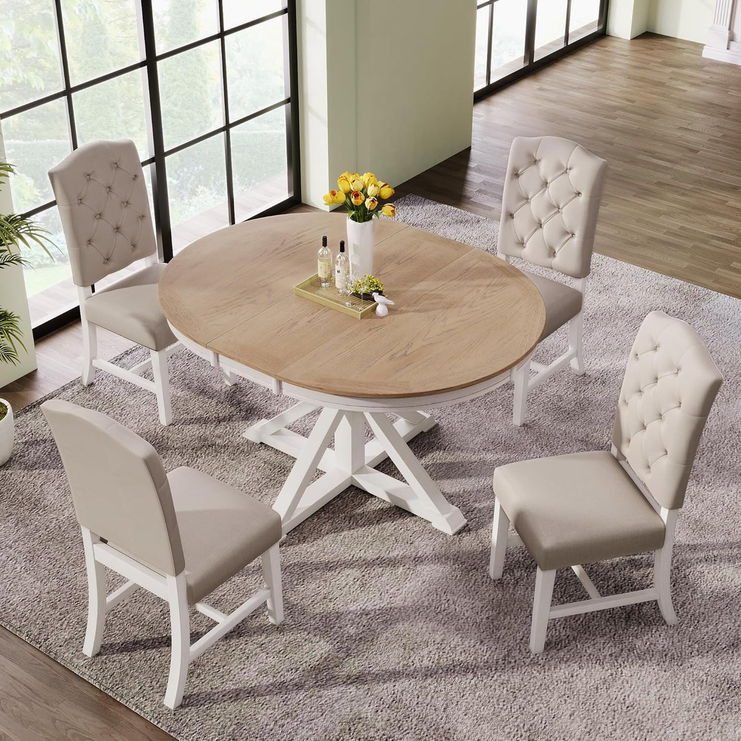 SogesPower 5-Piece Round Farmhouse Retro Dining Table Set for 4, Space-Saving Kitchen Table Set with Extendable Table and 4 Upholstered Chairs for Dining Room Living Room,Oak Natural Wood