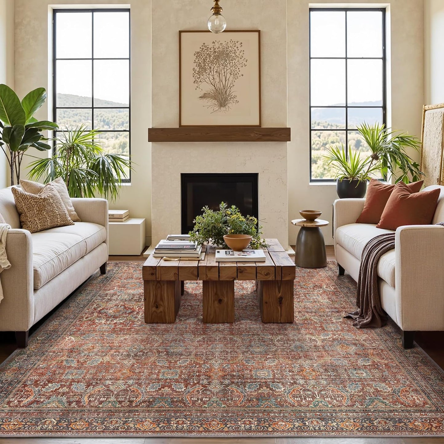 GENIMO 3x5 Area Rugs for Living Room, Machine Washable Non Slip Vintage Rugs, Low Pile Lightweight Chenille Print Rug for Bedroom, Dining Room, Home Office, Terracotta Indigo