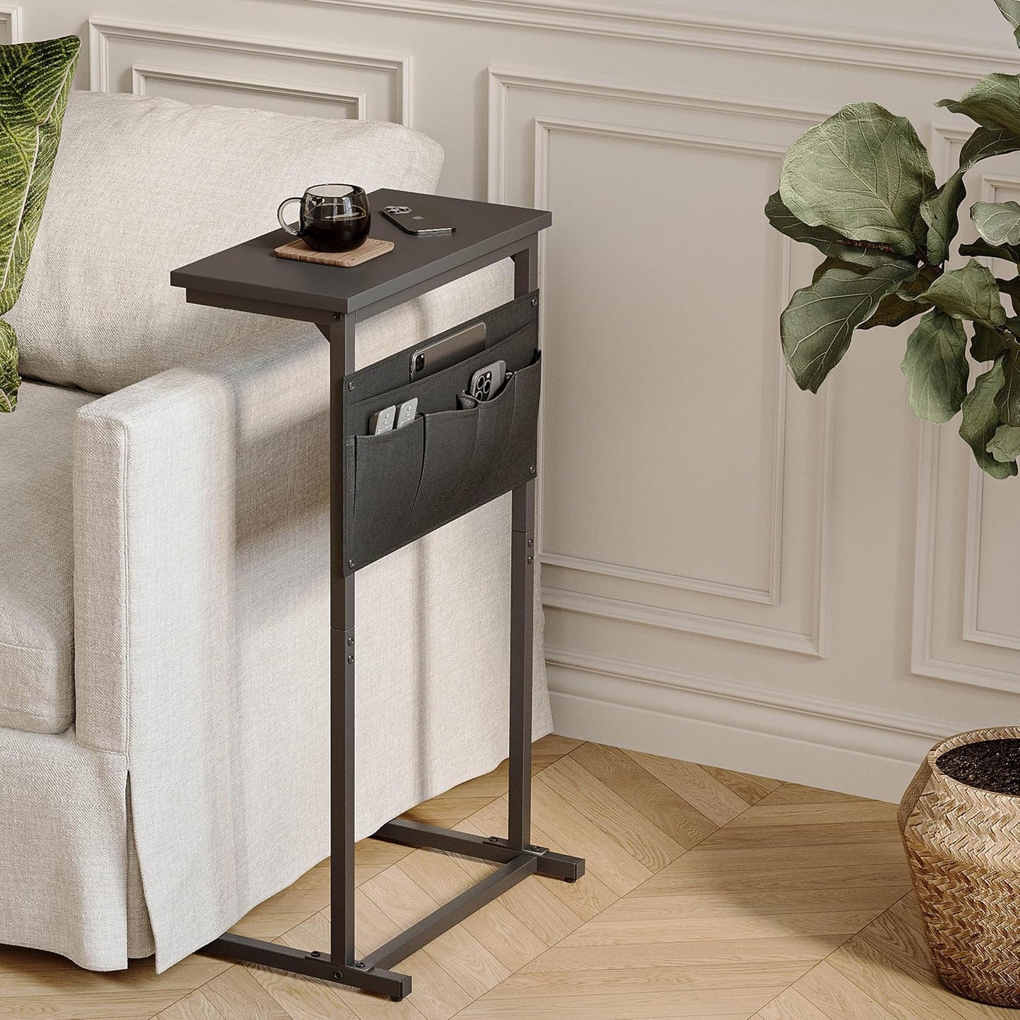 C Shaped End Table, Side Table for Sofa, Small TV Tray, Couch Table with Storage Bag for Small Space, Living Room, Bedroom, Home Office LET501B (Black)