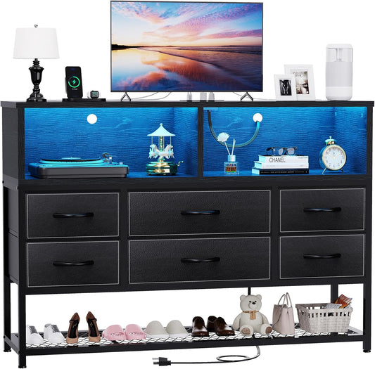 Black Dresser for Bedroom, 6 Drawers Led Dresser TV Stand with Power Outlets and LED Lights, Long Fabric Dressers Wide Chest of Drawers with Large Organizer Shoe Rack for Living Room, Entryway
