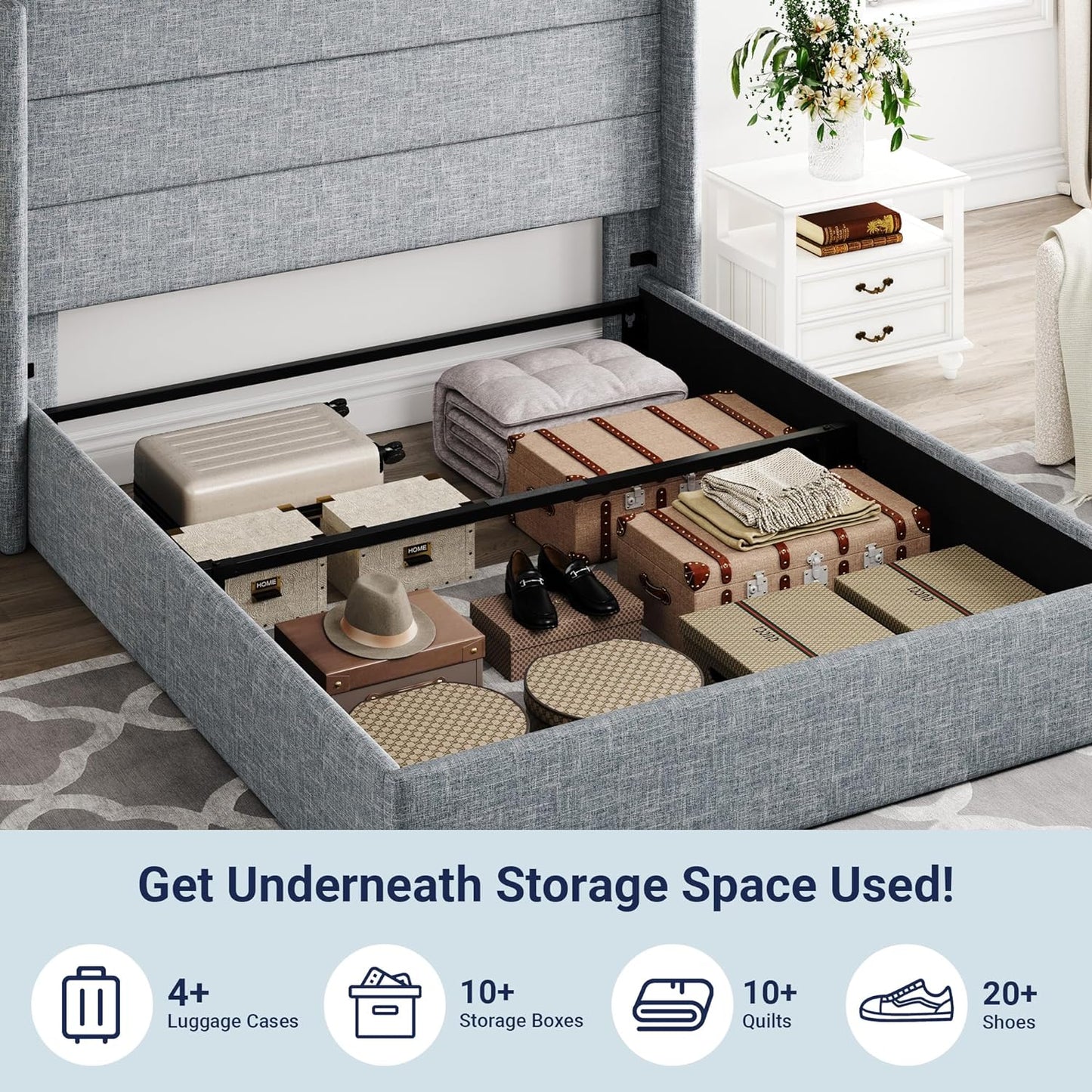 Allewie Full Size Lift Up Storage Bed, Modern Wingback Headboard, Hydraulic Support, No Box Spring Needed, Grey Blue