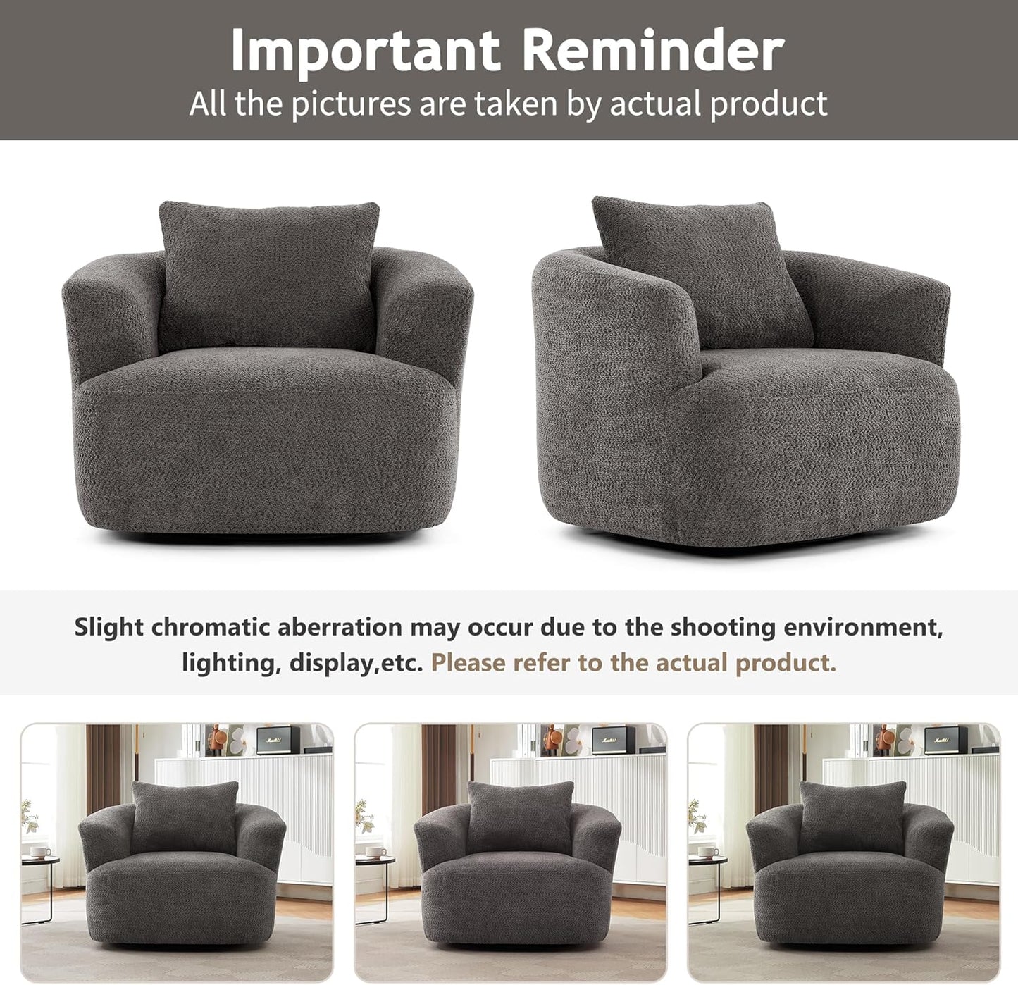 Merax Modern 360° Chenille Swivel Barrel Chair with A Throw Pillow & Armrest, Upholstered Cozy Single Round Sofa with Deep Seating for Living Room Bedroom,Office, Hotel, Easy Assemble, Grey