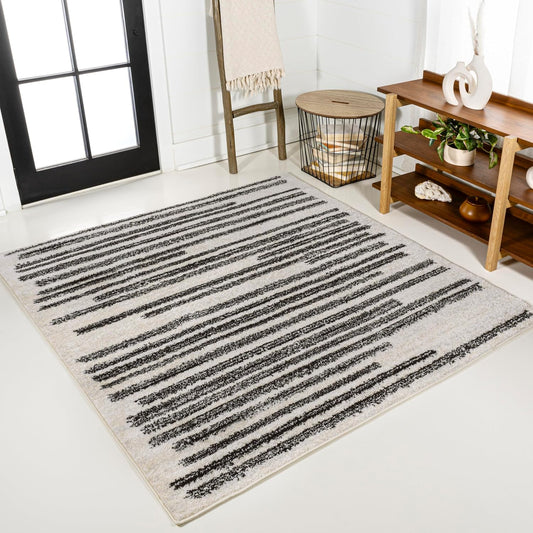JONATHAN Y Khalil Modern Berber Stripe Cream/Black 4x4 Square Indoor Area Rug, Contemporary, Bohemian, Easy-Cleaning for Living Room, Bedroom, Kitchen, Pet Friendly, Non-Shedding (MOH207A-4SQ)