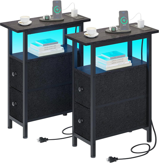 End Table Set 2 with Charging Station, Narrow Side Table with 2 Fabric Drawers, Skinny Nightstand with LED Light, Slim Bedside Table for Bedroom, Living Room, Small Spaces, Black