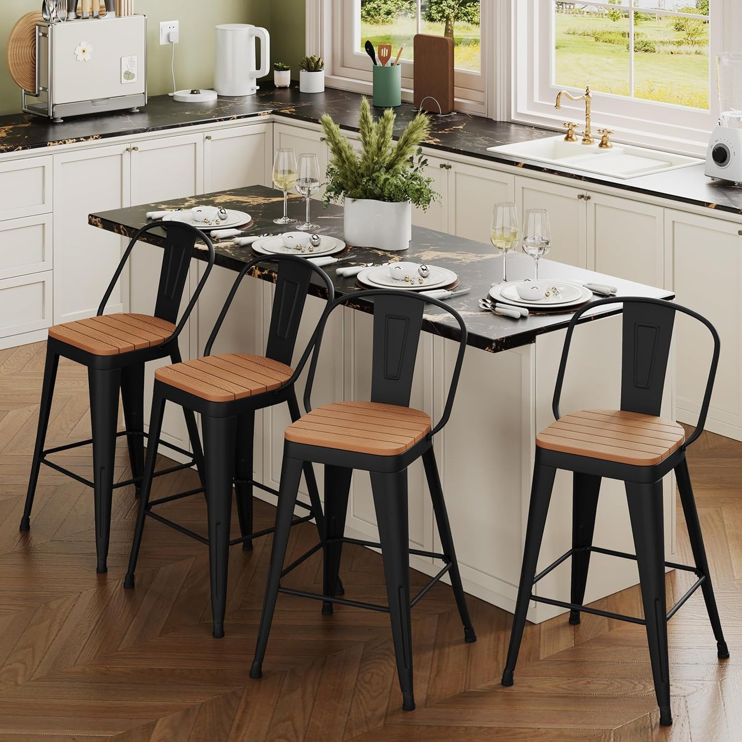 Outdoor Metal Bar Stools Set of 4,26 inch Barstools Counter Height Bar Stool with High Back Farmhouse Kitchen Dining Chairs Bar Funiture for Outside