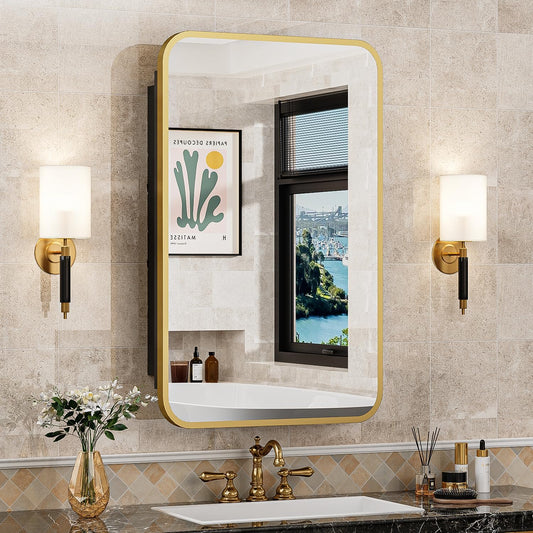 16x24 Inch Mirror Medicine Cabinet for Bathroom Gold Metal Frame Bathroom Medicine Cabinet with Mirror Recessed or Wall Mounted