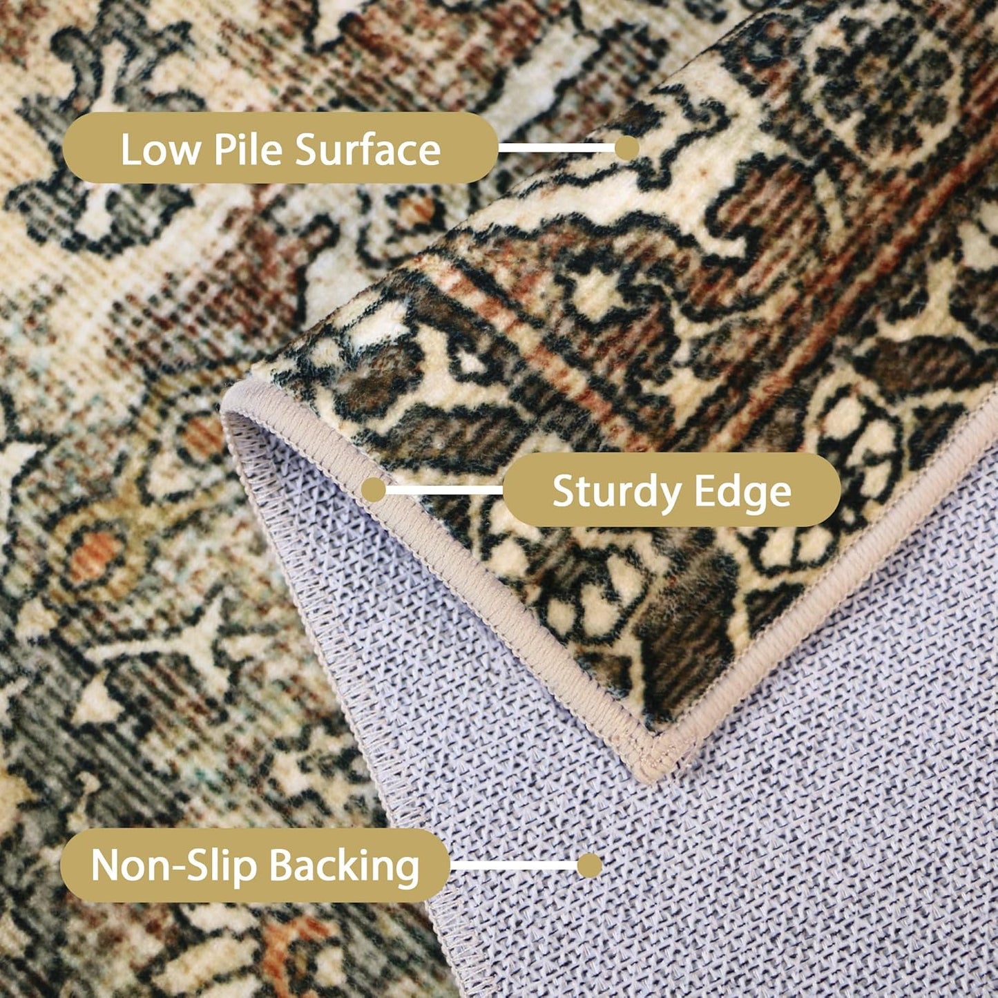 8X10 Area Rugs Machine Washable Rugs for Living Room, Vintage Boho Large Rugs for Bedroom Dining Room, Non Slip Indoor Soft Distressed Lightweight Thin Low Pile Carpet, Green Faded Red