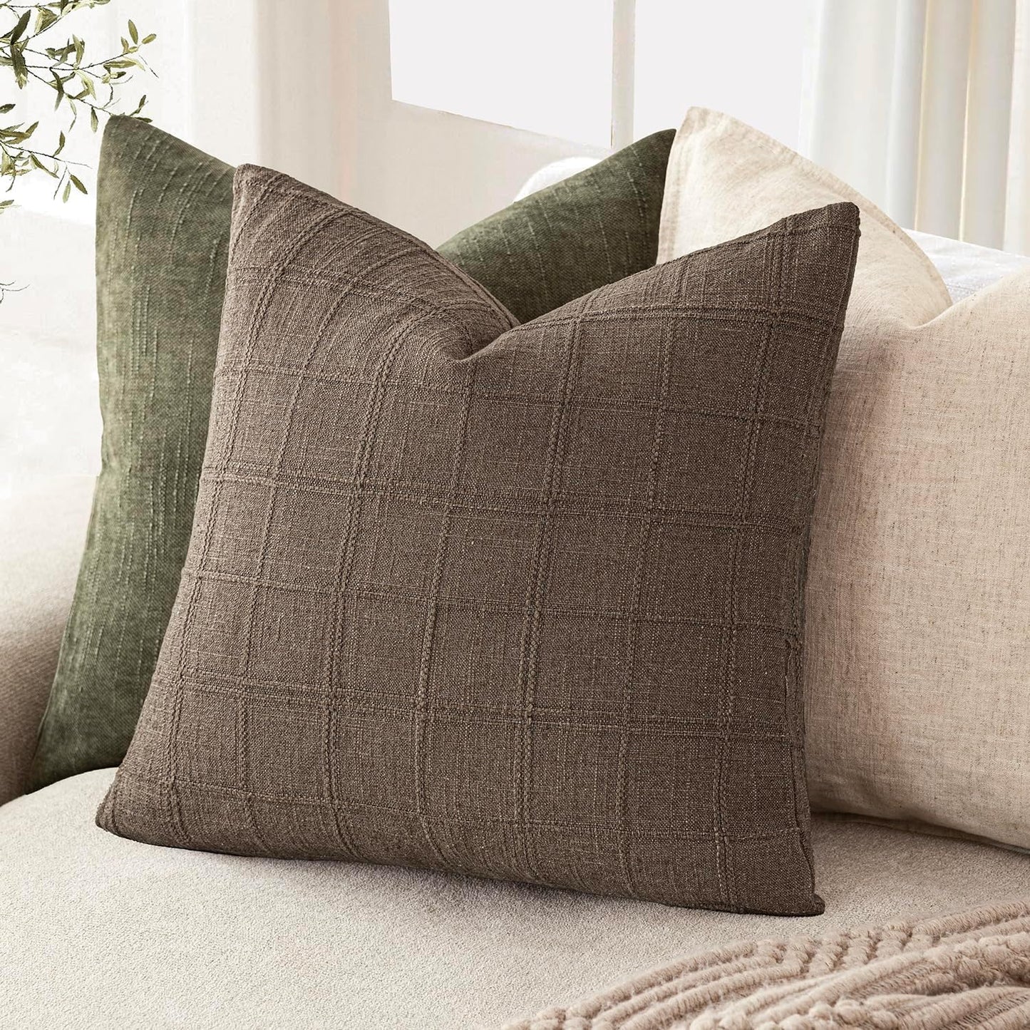 Foindtower Set of 2 Decorative Linen Check Throw Pillow Covers Neutral Farmhouse Vintage Cushion Covers Modern Boho Home Decor for Sofa Chair Couch Bedroom Living Room Outdoor,22×22 Inch,Taupe Grey