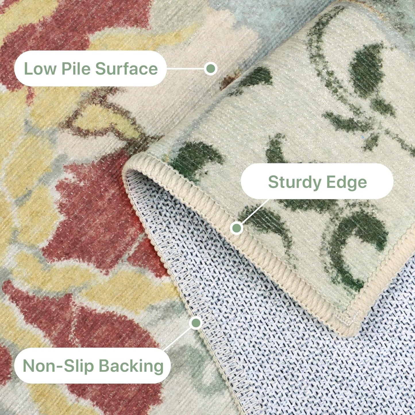 GENIMO 5X7 Floral Area Rugs for Living Room, Machine Washable Non Slip Vintage Patchwork Washable Rug, Ultra-Thin Low Pile Chenille Rugs for Bedroom, Dining Room, Celadon Green