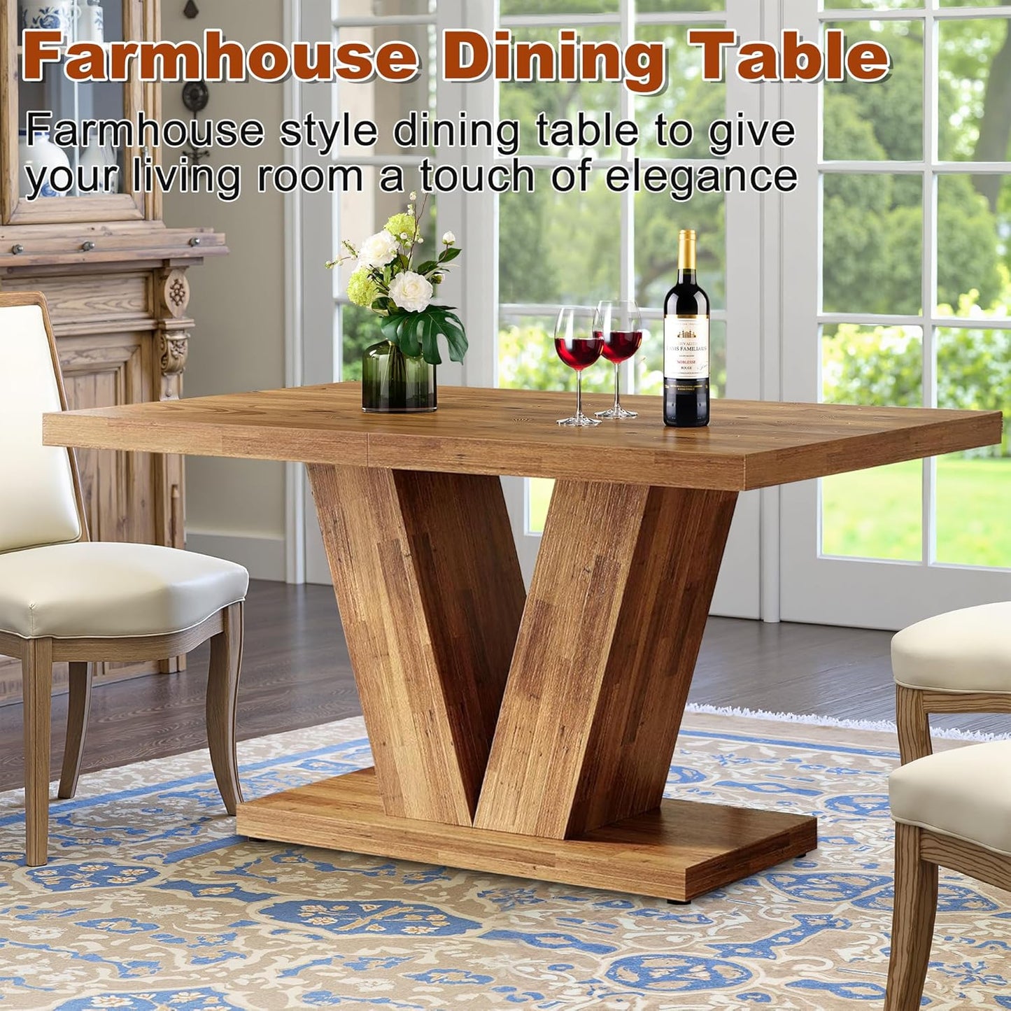 47 Inch Dining Table for 4, Farmhouse Dinner Table Wooden Kitchen Tables with Heavy Duty Pedestal for Dining Room, Kitchen, Living Room, Walnut Brown