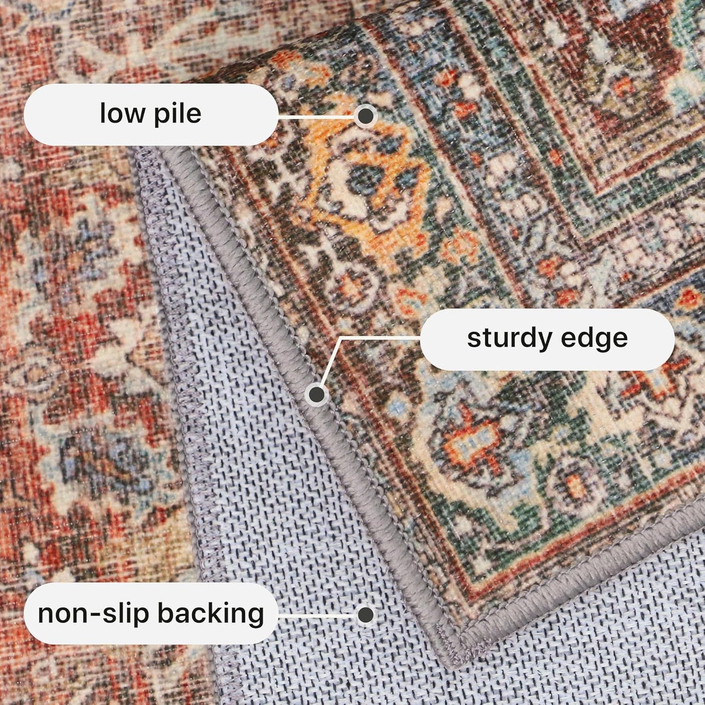GENIMO 9x12 Area Rugs for Living Room, Machine Washable Non Slip Vintage Rugs, Low Pile Lightweight Chenille Print Rug for Bedroom, Dining Room, Home Office, Terracotta Indigo