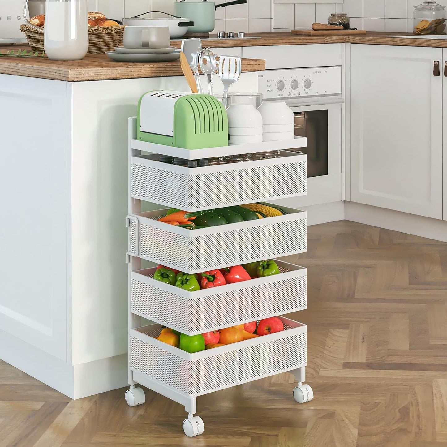 Fruit Basket for Kitchen No Assembly, Rolling Rotating Storage cart,Bathroom Shelf,Storage Drawer Cart for Bathroom,Metal Vegetable Rolling cart(Bright White, 4 Tier-Square)