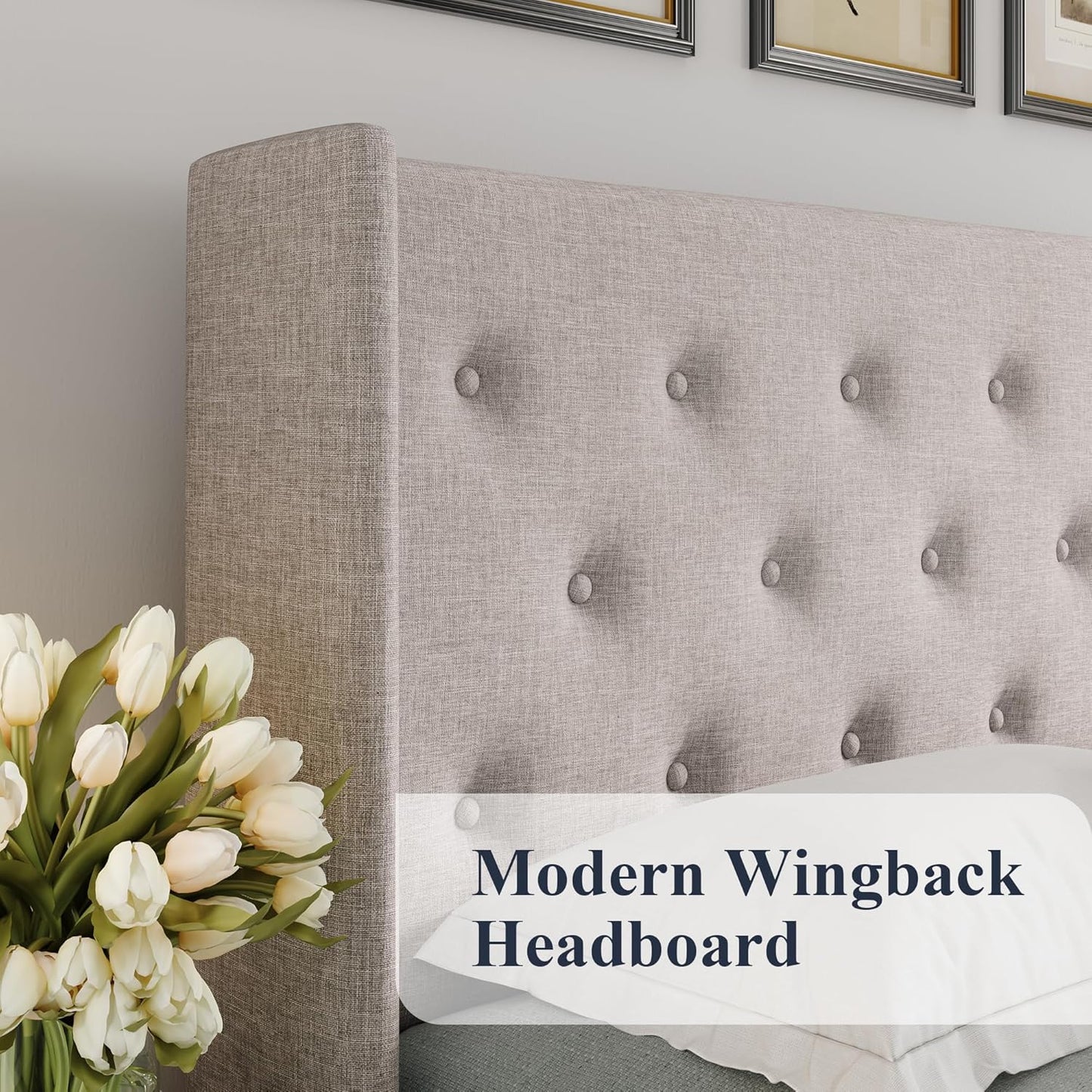 Allewie Queen Size Lift Up Storage Bed, Button Tufted Headboard with Wingback, Hydraulic Support, No Box Spring Needed, Light Beige