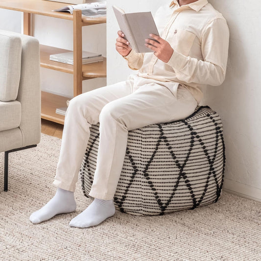 Anji Mountain 100% Handmade & Handcrafted Comfortable Home Décor Pouf Ottoman Footrest for Living Room, Bedroom, Nursery, Kidsroom, Patio Furniture - (19" x 19" x 17"- Black,White)