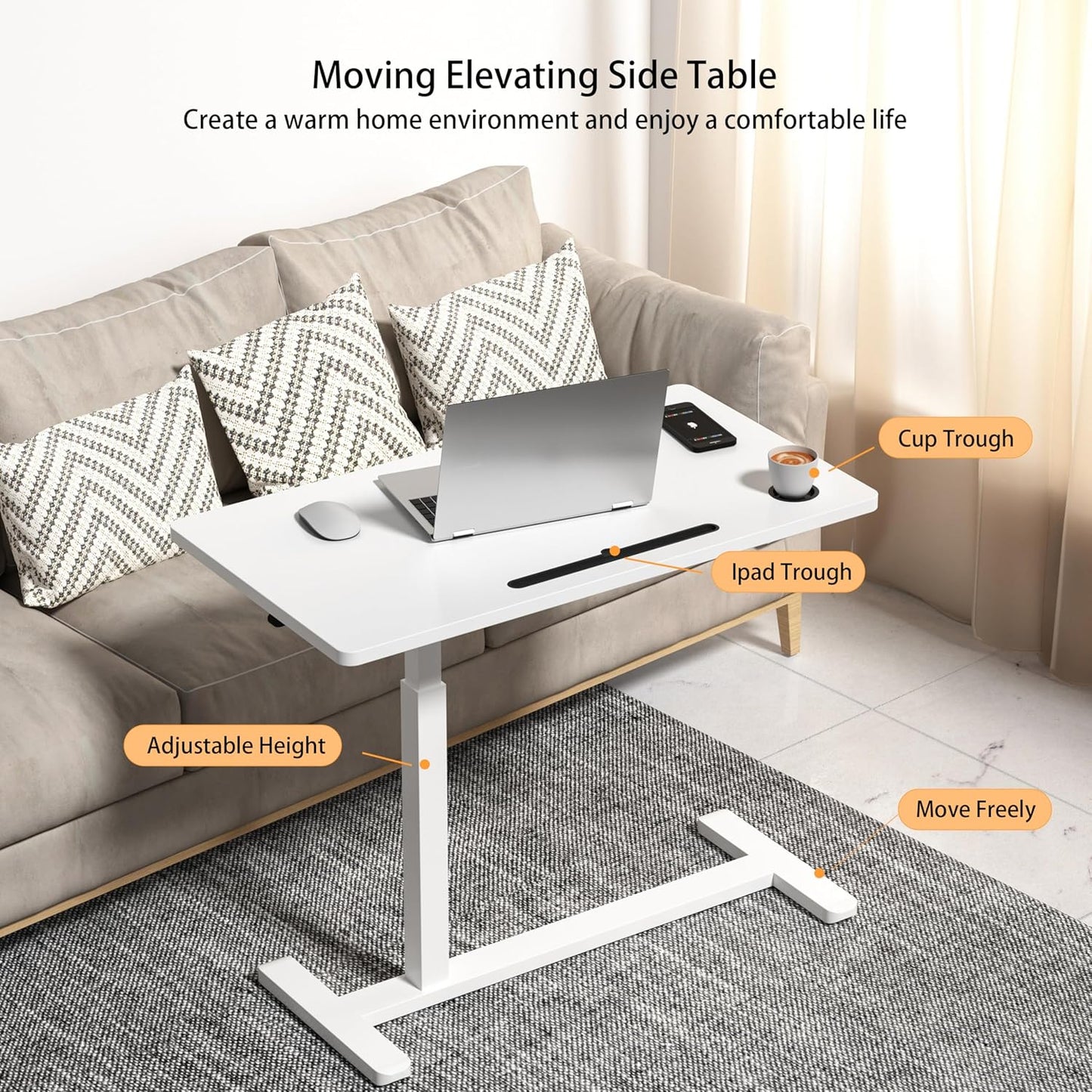 Home Office Desks Height Adjustable with 360° Moveable Hidden Wheels,Multifunctional Pneumatic Laptop Desk Suitable for Sofa、Bedside、Study and Work Use,White
