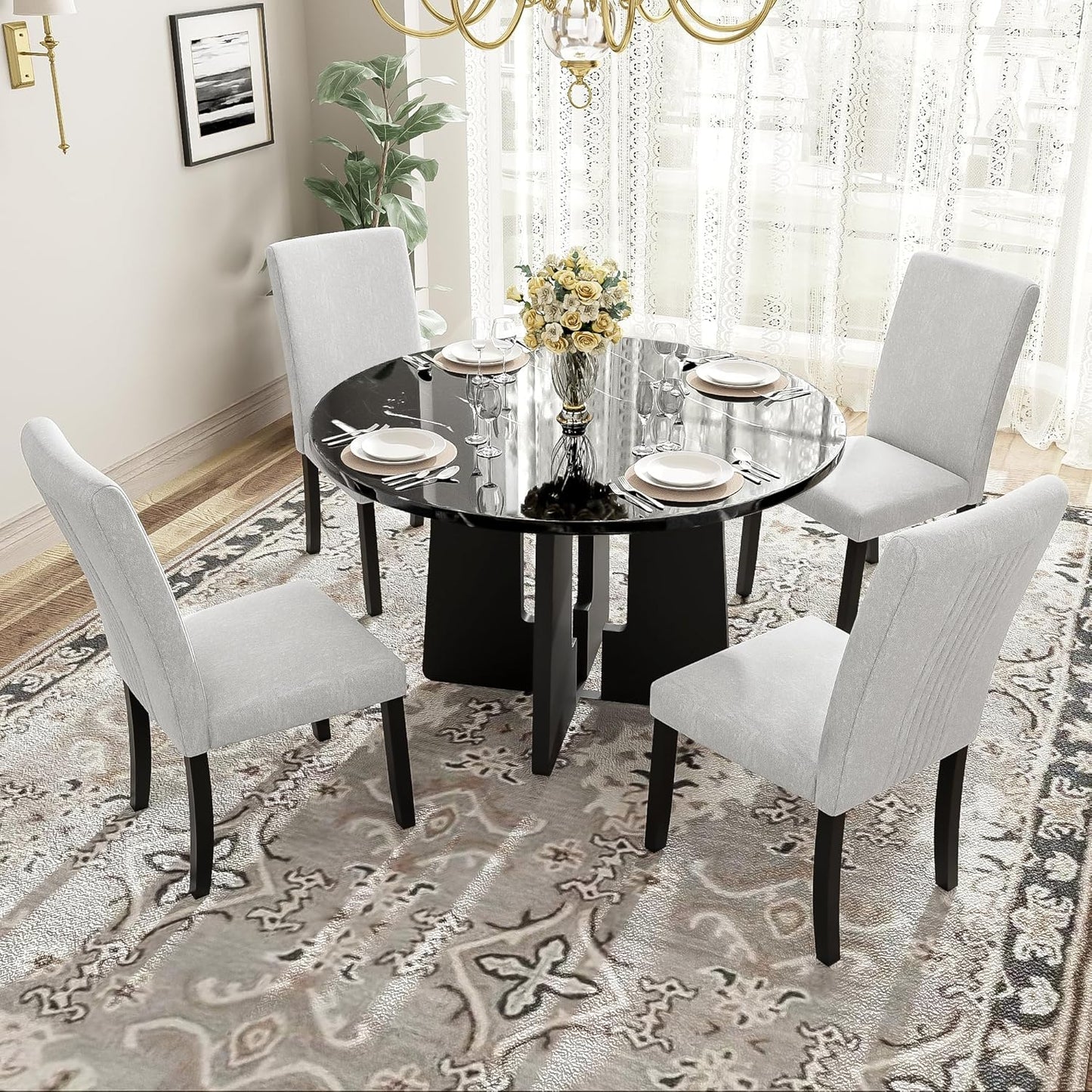 Ball & Cast Dining Table Set for 4 W/ 4 Upholstered Chairs,5 Piece Dining Table W/ 43" Round Faux Marble Table,Kitchen Table and Chairs for Living Room,Dining Room,Restaurant,Beige+Black