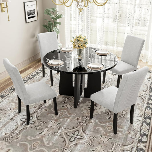 Ball & Cast Dining Table Set for 4 W/ 4 Upholstered Chairs,5 Piece Dining Table W/ 43" Round Faux Marble Table,Kitchen Table and Chairs for Living Room,Dining Room,Restaurant,Beige+Black