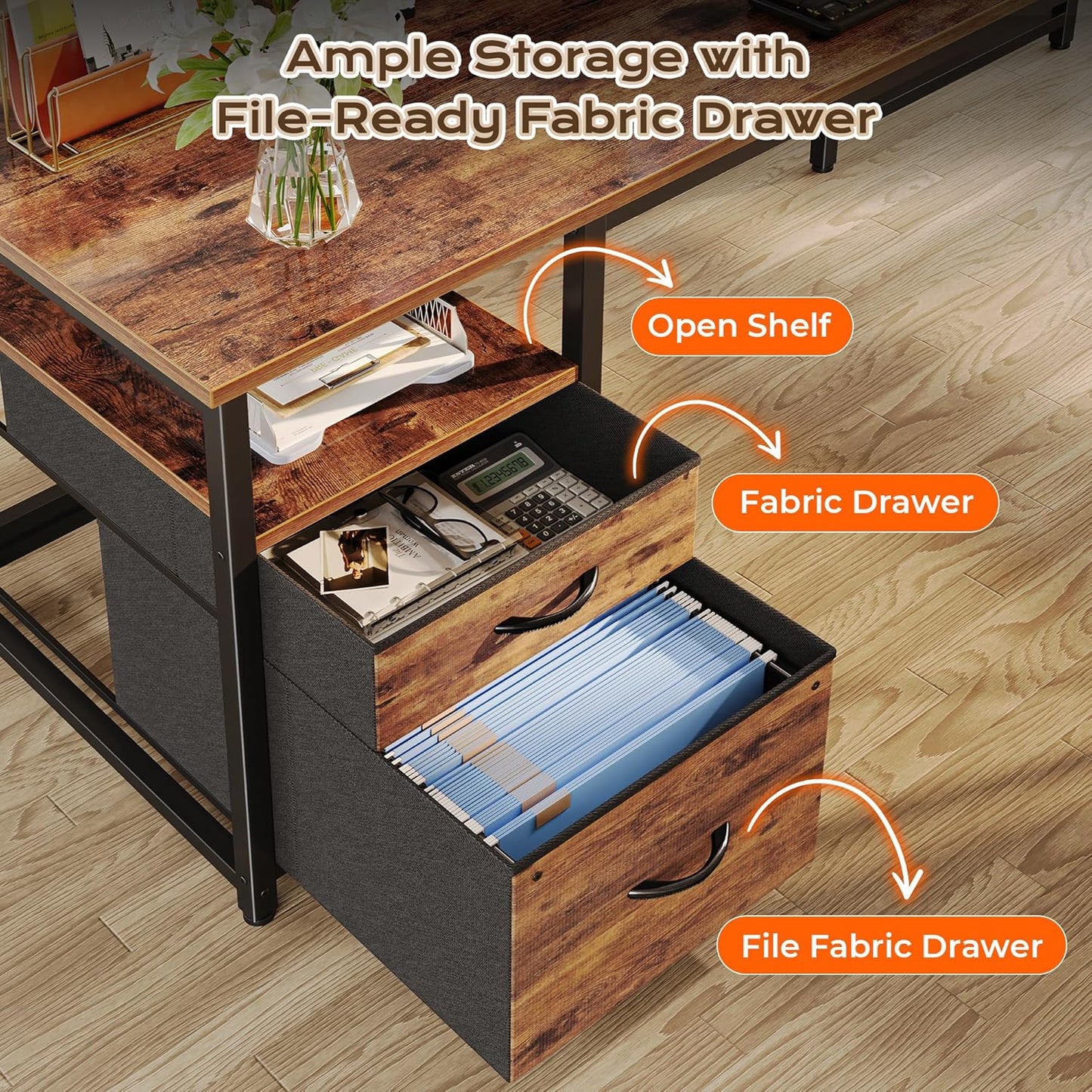 PRAISUN 63 Inch L Shaped Desk with Power Outlets and USB-C Port, Computer Corner Home Office Desk with File Fabric Drawers and Movable Monitor Stand, Larger Storage, Gaming, Writing, Rustic Brown