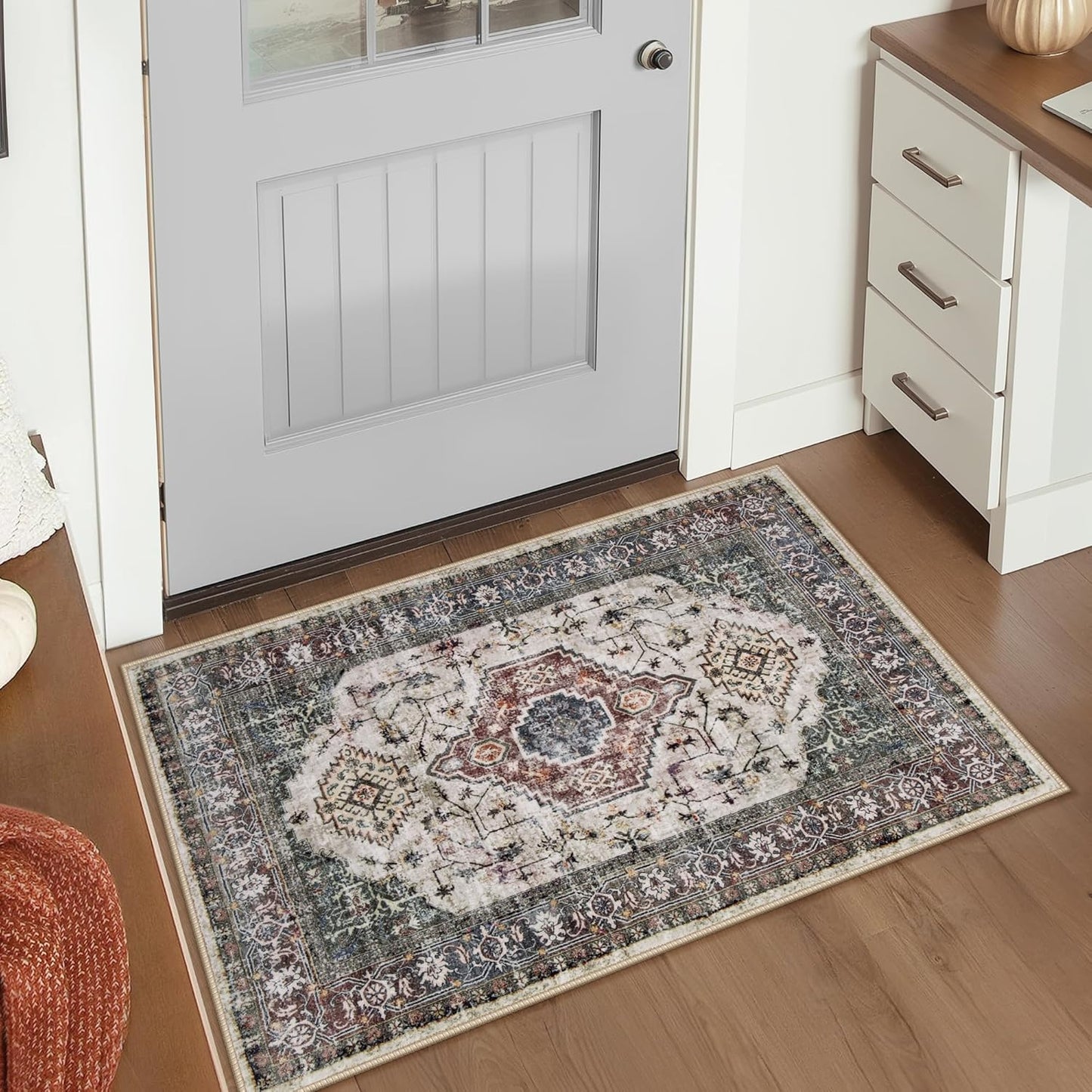 Lahome Oriental Small Rugs for Entryway, 2x3 Rug Non Slip Washable Door Mat Indoor Entrance Ultra-Thin Vintage Soft Carpet for Kitchen Bedroom Front Door Bathroom, Brown/Grey