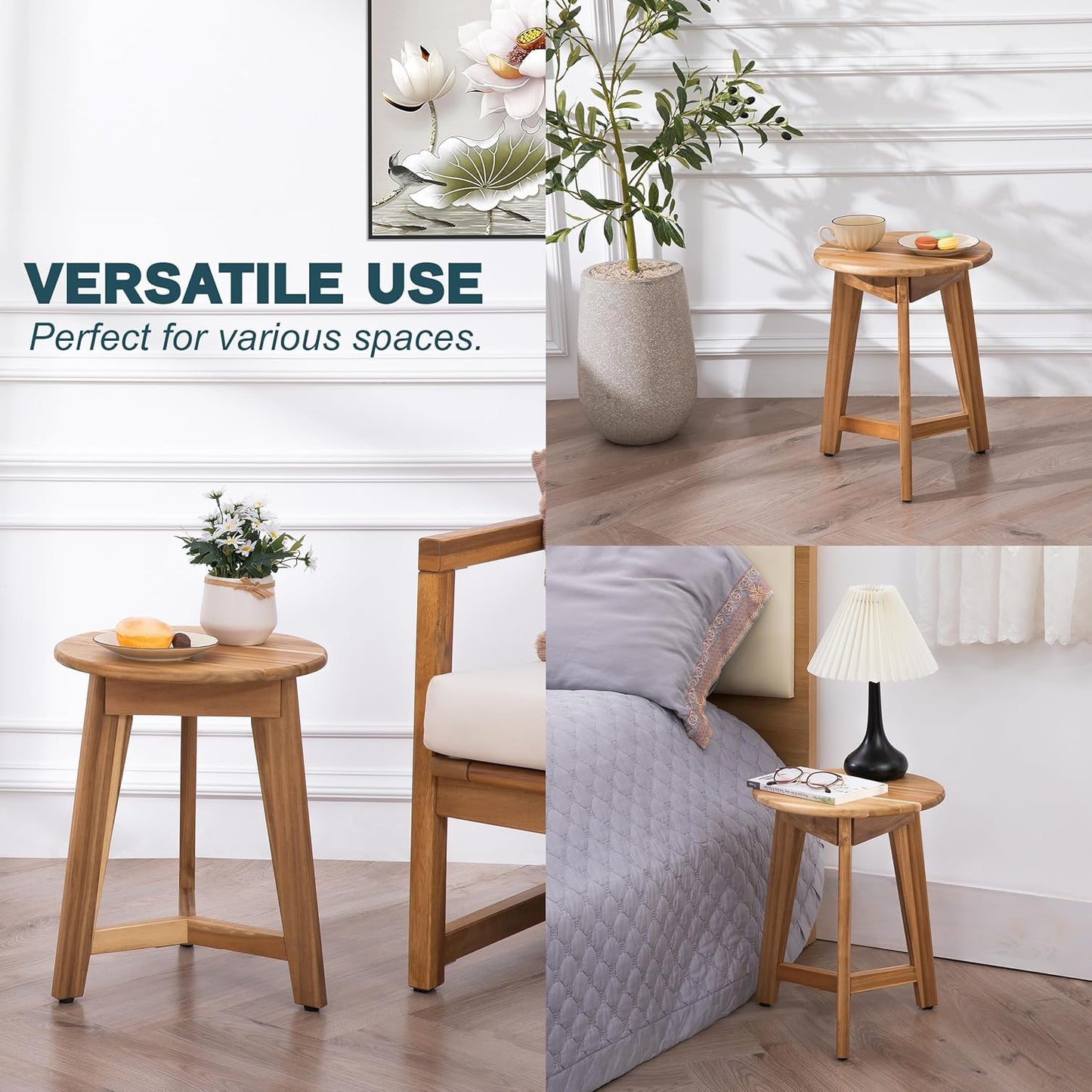 Round Side Table – Acacia Wood End Table for Living Room or Bedroom – Light Natural Wood Finish, Compact Nightstand or Accent Table for Sofas & Beds (13x16 x13 Inches)