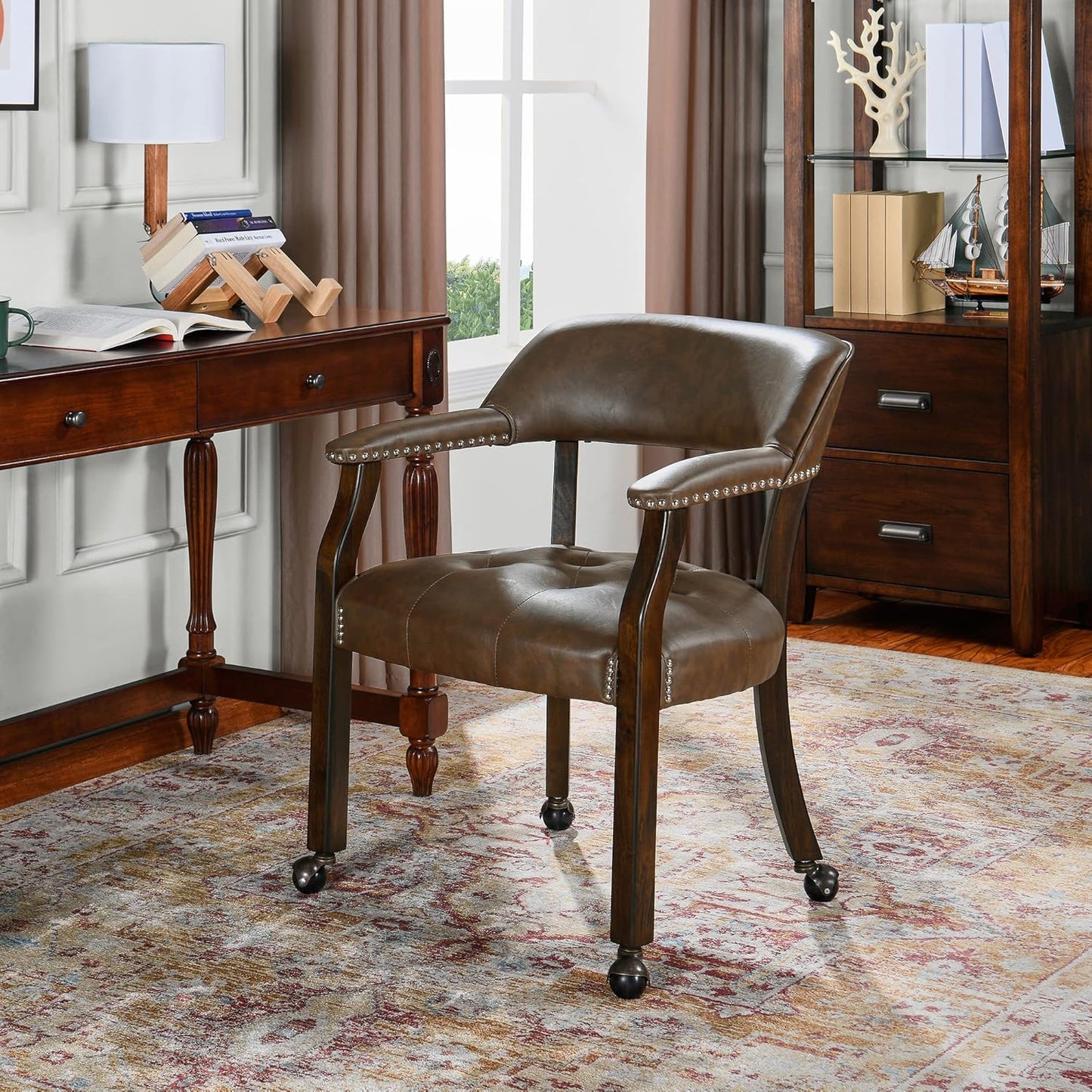 LEEMTORIG Large Dining Chairs with Casters and Arms, Rolling Dining Chairs with Wheels, Game Poker Table Chairs, Boss Caption's Chairs, 26"D x 25.2"W x 31.5"H, Espresso Legs & Choalate PU, XXY-1910-BN