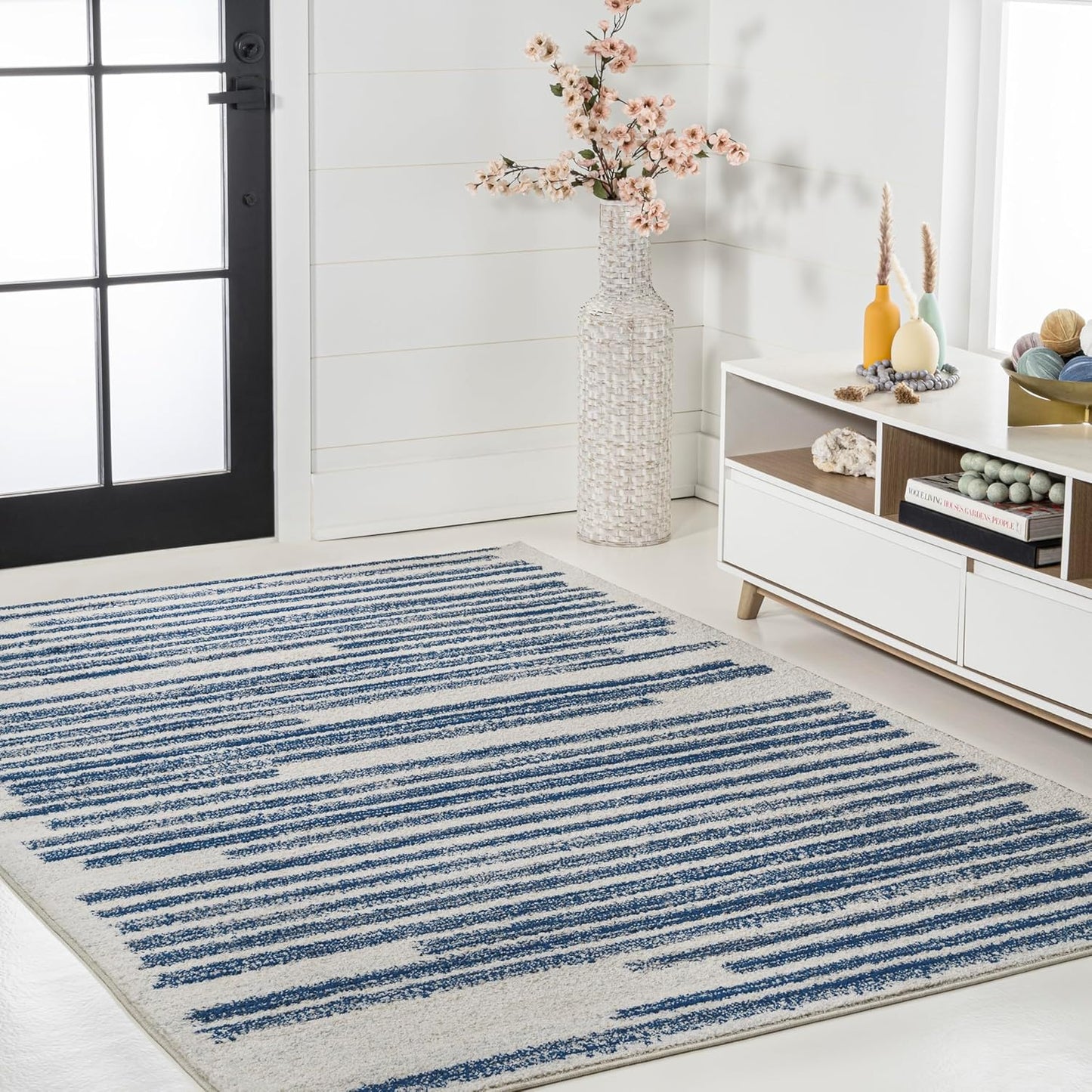 JONATHAN Y Khalil Modern Berber Stripe Cream/Navy Indoor Area Rug, 5x8, Contemporary, Bohemian, Easy-Cleaning for Living Room, Bedroom, Kitchen, Pet Friendly, Non-Shedding (MOH207E-5)