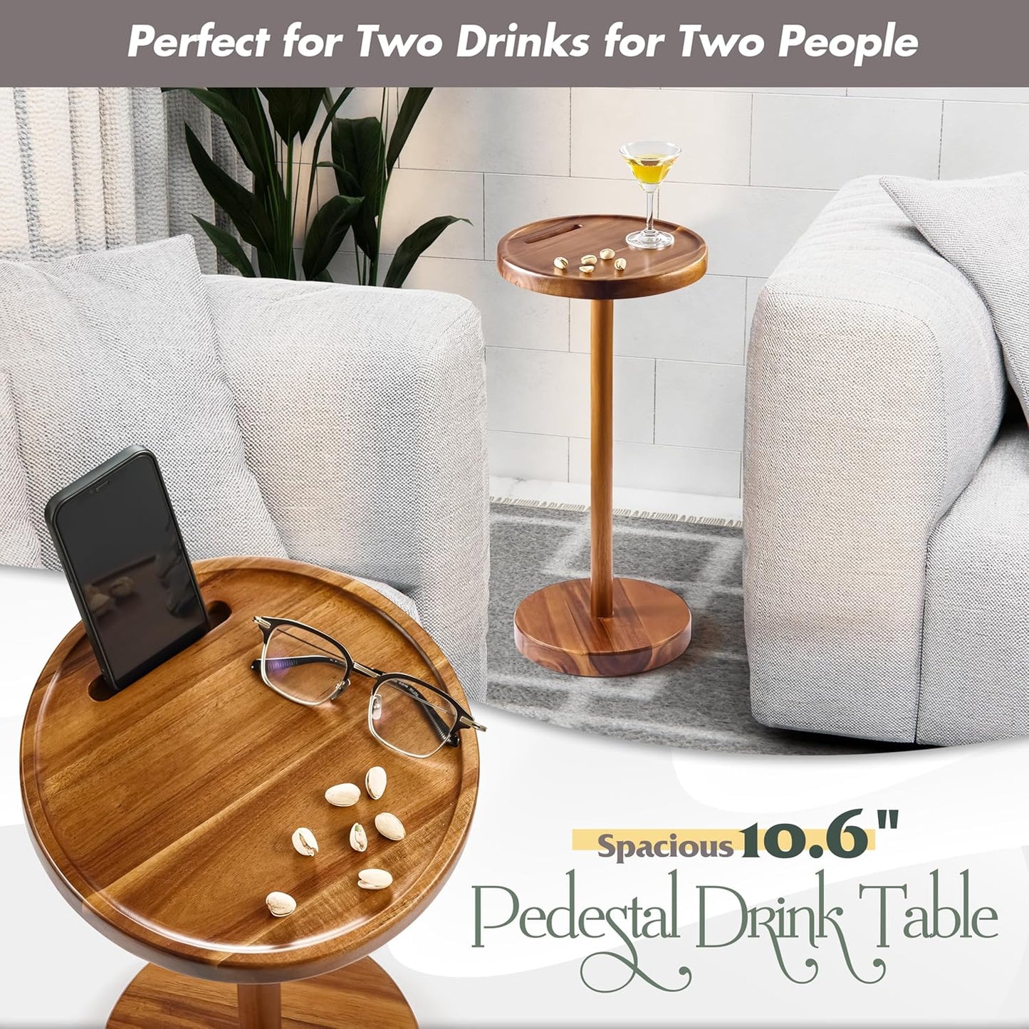 Drink Table, 24.4" Tall Compact Side Table with Phone Slot and Weighted Base, Durable Pedestal Table Accent for Living Room (Flat, Acacia)