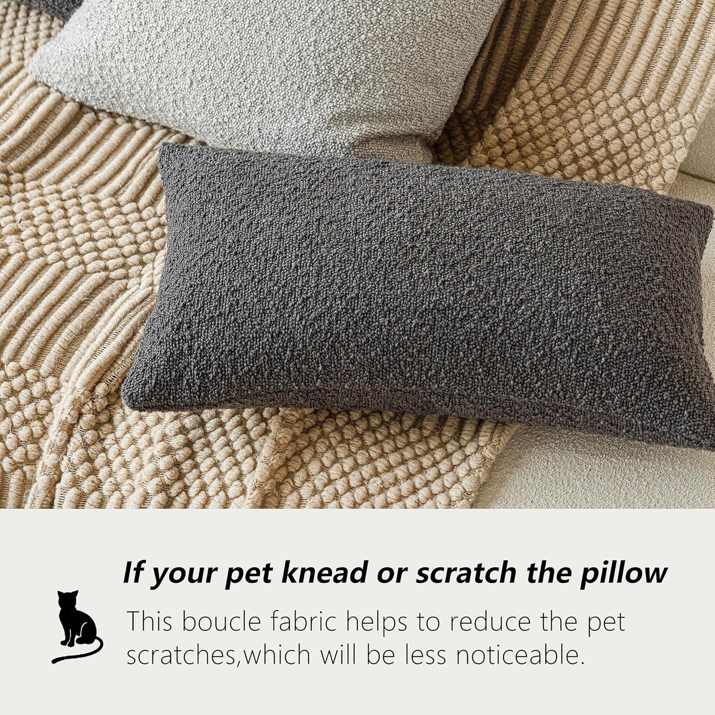 Foindtower Pack of 2 Textured Boucle Throw Pillow Covers Accent Solid Decorative Lumbar Pillow Cases Woven Couch Cushion Case for Sofa Living Room Home Decor, 12 x 20 Inch,Dark Grey