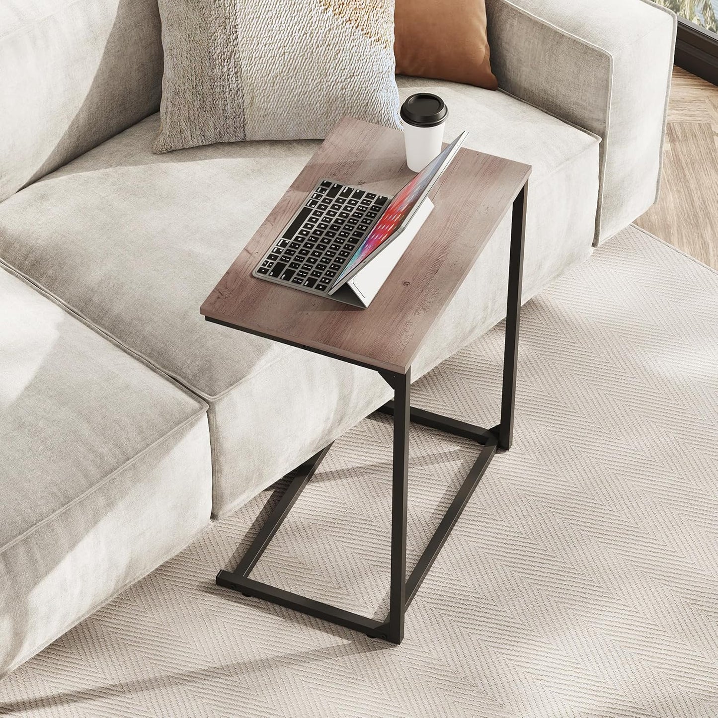 WLIVE C-Shaped End Table, Small Side Tables for Sofa, Wide Couch Table That Slide Under, Laptop Snack Table for Living Room, Bedroom, Home Office, Grey