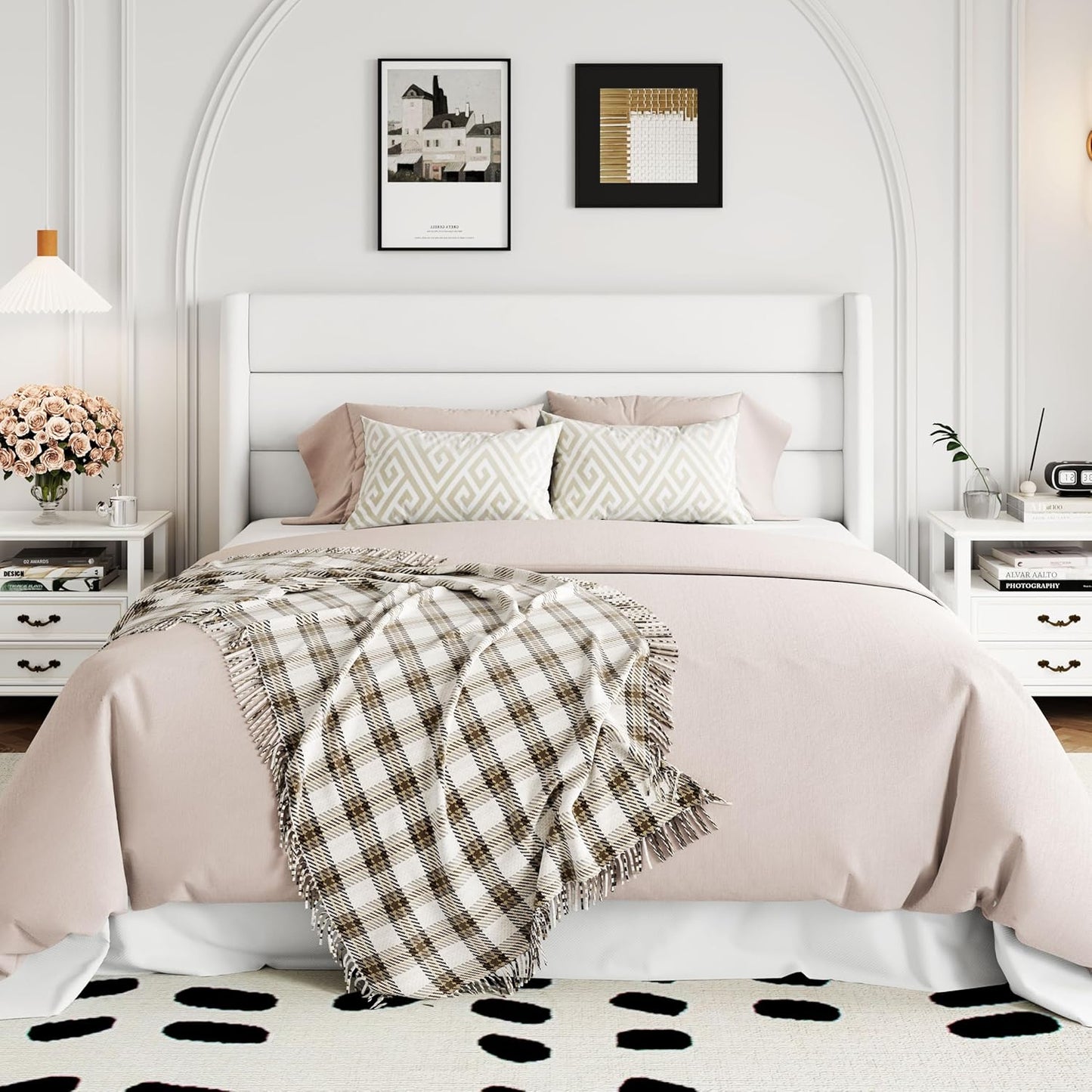 Allewie Queen Size Velvet Lift Up Storage Bed, Modern Wingback Headboard, Hydraulic Support, No Box Spring Needed, White