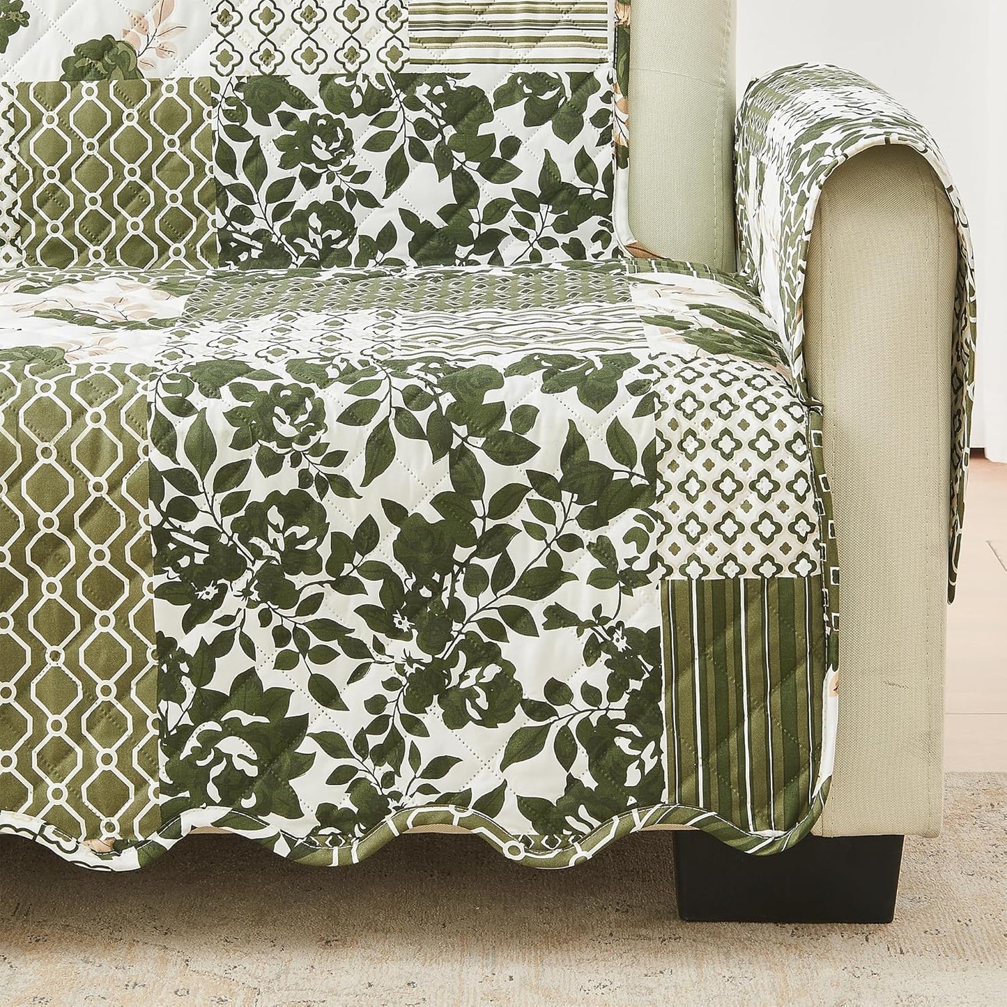 Great Bay Home Reversible Patchwork Loveseat Cover - Washable Slipcover Furniture Protector with Elastic Straps - Couch Cover for Dogs, Kids, and Pets - Box-Stitched Detail (Loveseat, Olive/Brown)