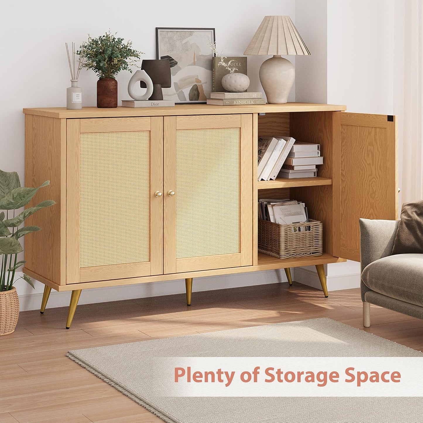 Shintenchi Large Rattan Storage Cabinet, Modern Sideboard Cabinet, Accent Large Storage Space Cabinet with Rattan Decorated Doors for Living Room, Dining Room