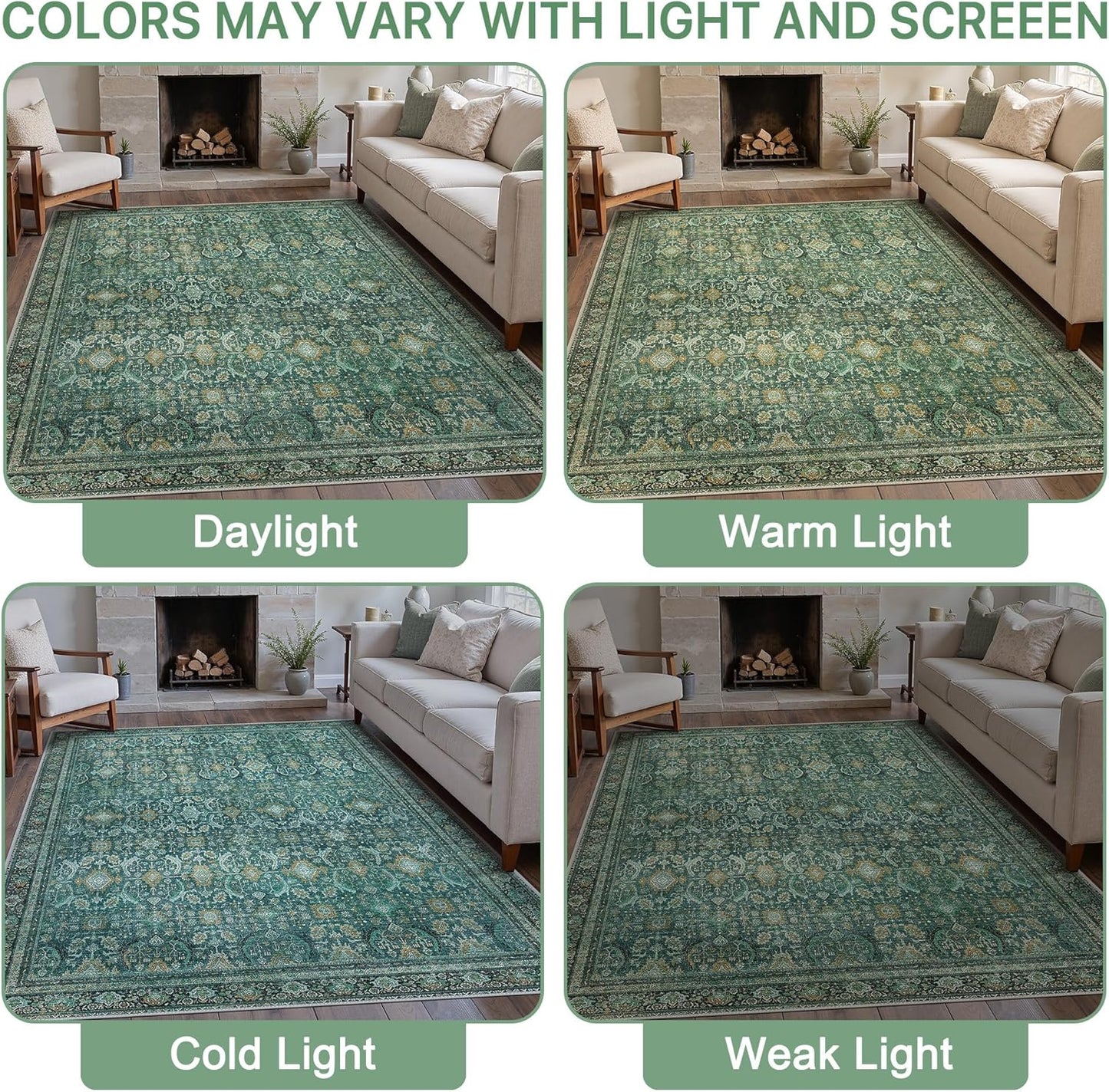 8X10 Area Rugs Machine Washable Rugs for Living Room, Vintage Boho Large Rugs for Bedroom Dining Room, Non Slip Indoor Soft Distressed Lightweight Thin Low Pile Carpet, Turquoise
